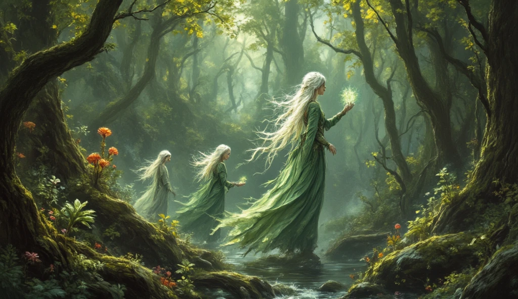 elf portraits,12yo,elf girls sitting by the lake,drink water,(best quality,4k,8k,highres,masterpiece:1.2),ultra-detailed,(realistic,photorealistic,photo-realistic:1.37),oil painting,fantasy,green foliage,sunlight filtering through trees,dappled light on the girls' skin,sparkling water,ethereal atmosphere,magical ambience,fine brush strokes,vibrant colors,emerald green and turquoise,hint of gold,soft lighting,peaceful expressions,innocent smiles,cascading hair,pointed ears,fairy-like wings,twinkling eyes,freshwater lake reflection,serene surroundings,tranquil silence,harmonious composition,subtle movement in the water,reflection of the girls in the water,delicate ripples,whispering whispers of nature,moss-covered rocks,soft breeze,gentle sounds of nature,subtle presence of other mythical creatures,hidden among the trees,blending with the forest,feeling of enchantment,little details on the girls' clothing,delicate embroidery,flower crowns,tranquility and beauty combined,immersive experience.