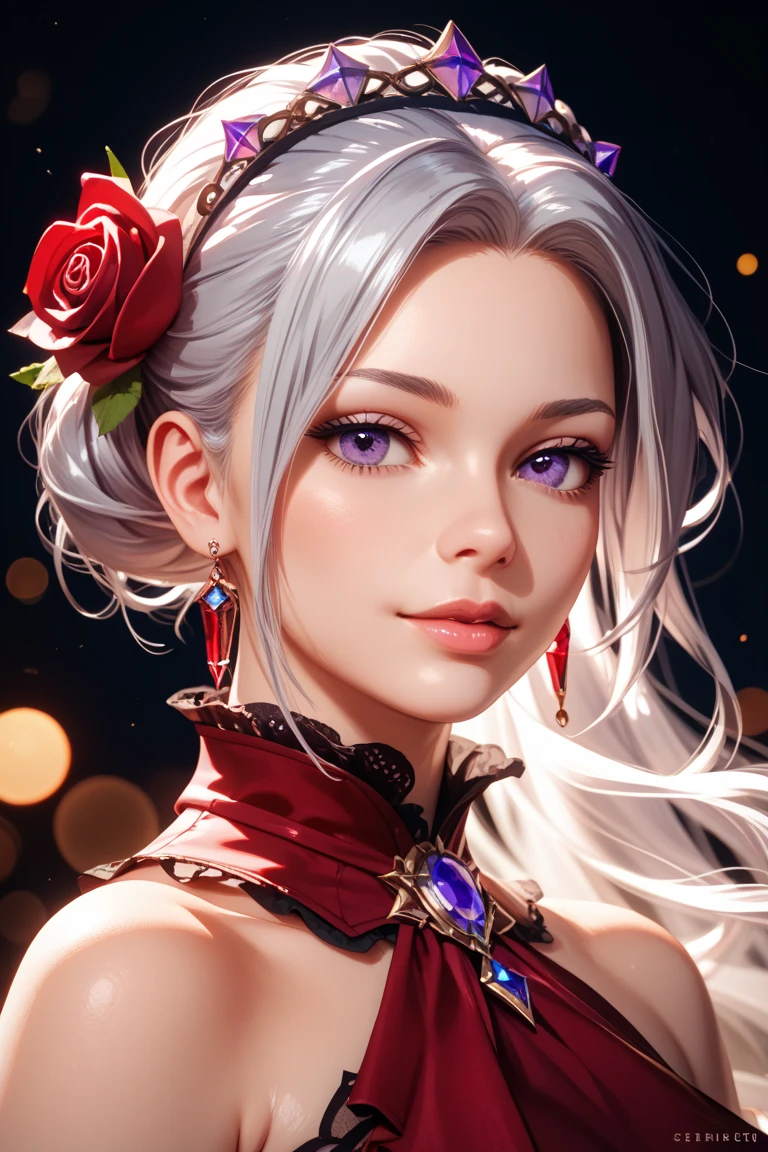a close up of a woman in a red dress with roses, extravagant dress, 8k highly detailed , dressed beautiful gown, wearing a wonderful dress, red dress, detailed dress and face, all red, beautiful gown, gown, elegant red dress, red, wearing a wonderful dress, exquisite digital illustration,The most beautiful woman in the world、white hair、white eyes、best style、beautiful legs、whole body