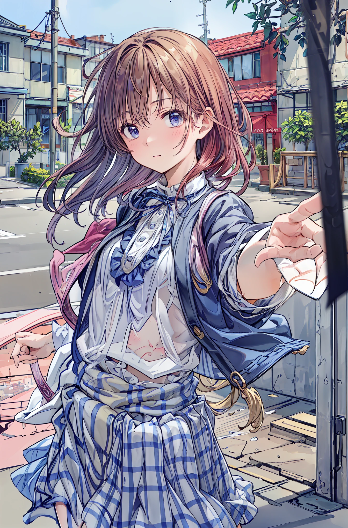 ( Best Quality ,masterpiece:1.3, super high image quality),( very detailed, caustics,8k),( realistic :1.4,RAW shooting),18 years old, Japanese , cute, 二人の黒人男性が笑faceで金村美久を抱きしめる ,blazer uniform, hunched posture, waist up shot ,( face :1.2),( face up:1.2),(Low position:1.3),( low angle:1.4),brown hair, shortcuts, slender beauty , messy hair, cityscape of Shumigaoka, night view