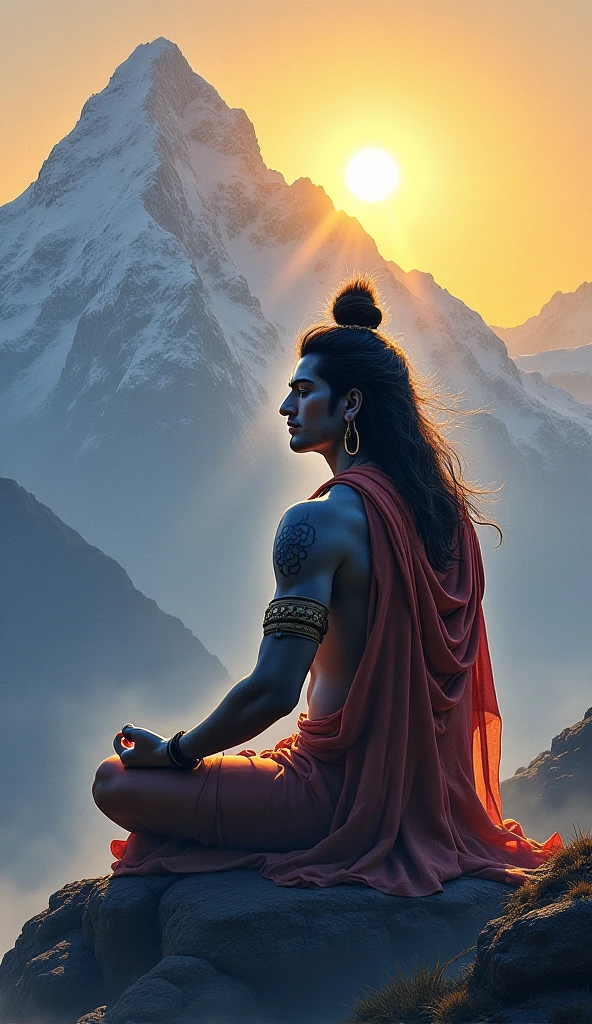 Angry man, sitting on mountain Kailash, shoulder rolling snack , head of moon, outdoor mountain, tree and mountain in background, sky with moonlight, mountain, relaxed pose, realistic, intricate details, multi colour multi colour yous