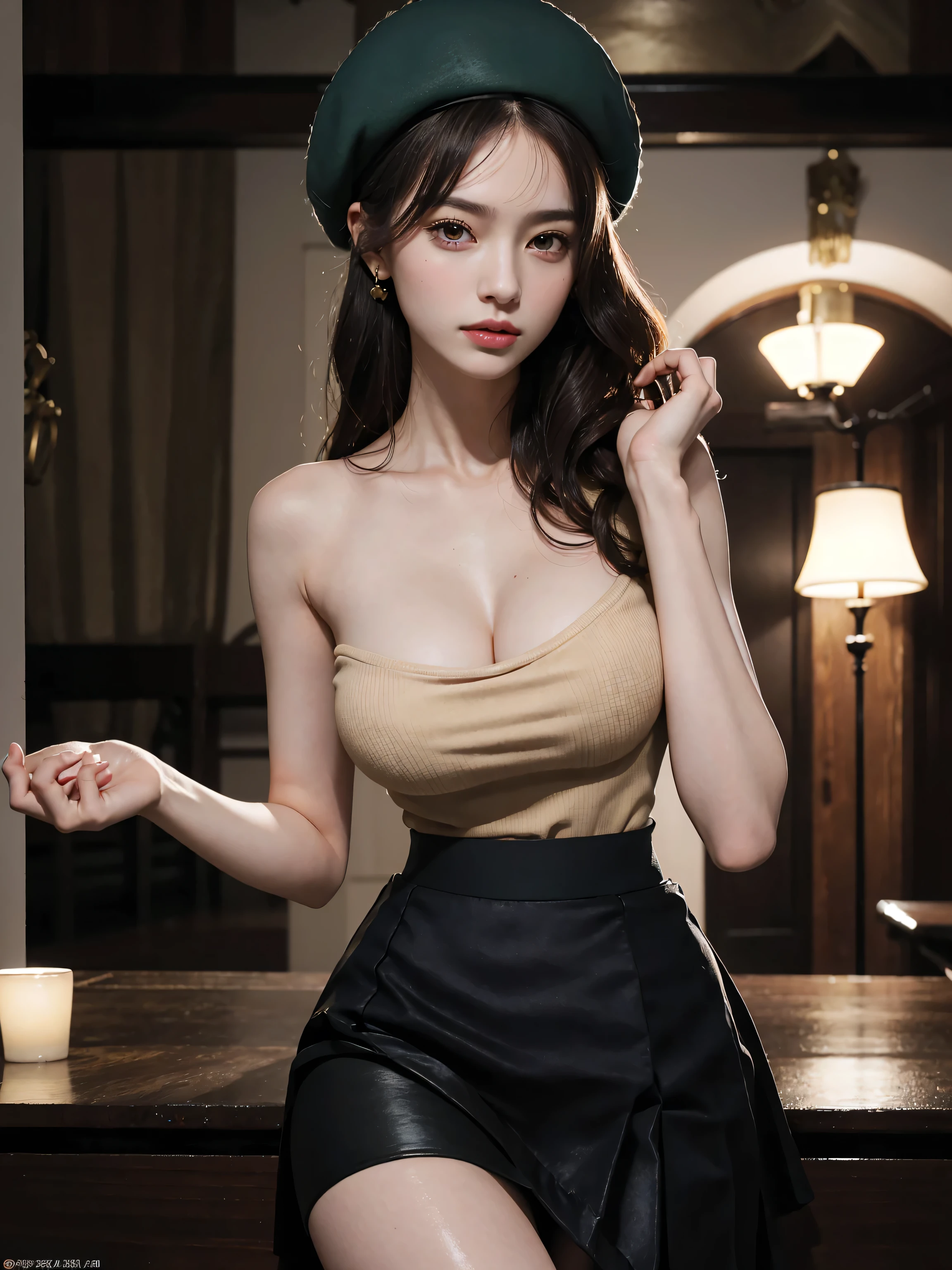 Exquisite, masterpiece, beautiful details, colorful, delicate details, delicate lips, intricate details, large breasts, 1 female, (a beautiful 20-year-old cute Korean woman: 1.1), (kpop idol, Korean mixed), (50mm Sigma f/1.4 ZEISS lens, F1.4, 1/800s, ISO 100, photograpy:1.1), (brunetize: 1.2), (photorealistic:1.4 ), (SPY:1.2), (Open Jacket,Shirt, Skirt,Tie,Black Pantyhose,Christian Louboutin\(Brand\),:1.3), Earrings, Necklace, Armbands, (Tavern, Bar:1.2), (Beautiful Legs, High Girl, Skinny, slim_legs, thigh_gap, Model:1.2), Lens flare, viewed from the front, (Happy smile: 1.1), dynamic pose, (makeup: 1.2), sitting on a bar stool,
