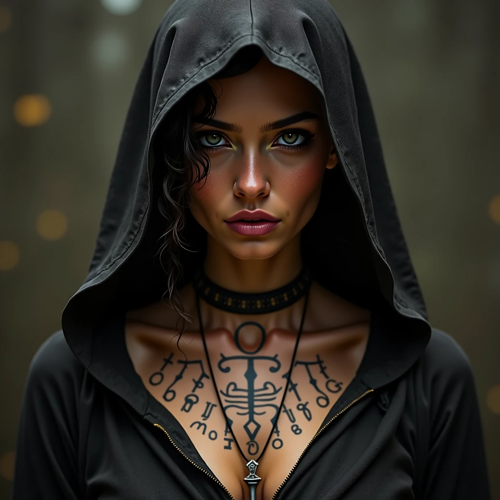 Image of the head of a large-breasted Nun with several tattoos on her face who smokes and has a provocative habit