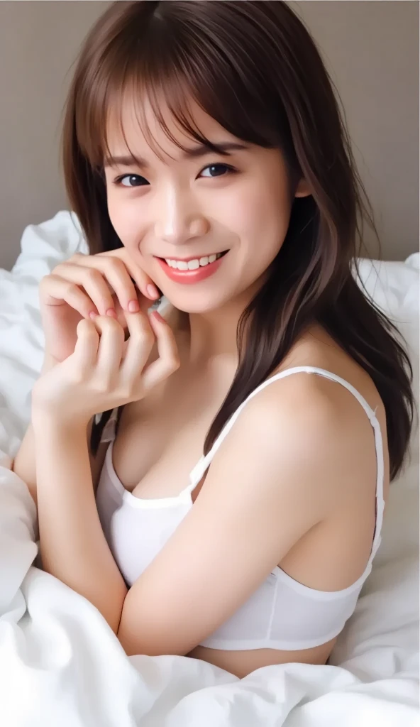 8K、 The beauty of RAW photography:2.0、Semi-long hair、15 year old Japanese girl、Cute face、Great face and dark eyes、Looking into the camera、smile:1.6、Beautiful teeth alignment、Lying on a large sofa、Photo taken diagonally from above、Top view、上目遣いでLooking into the camera、(White Lingerie、Luxury lace lingerie:1.2)、Realistic:1.9、Very detailed、High resolution raw color photos、Bust up photo、Professional photos、Shooting indoors、Sexy portrait of a girl、((Nikon Z9 and NIKKOR Z 50mm F1.Shooting with two lenses、F-stop 2.4、iso 200、Shutter Speed 2000))、Highest quality、masterpiece、high resolution、Clear photos、Beautiful Japanese Girl、のSemi-long hairー、Professional Lighting、Bright room
