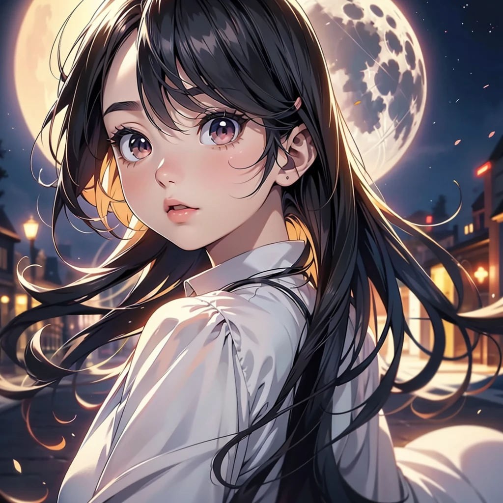 A beautiful woman with long hair wearing a white shirt, cute anime-style face, realistic anime girl, Chisato, black hair with bangs, Kurumi, cute and delicate face, young cute pale Asian face, Sakimichan, midday moon and stars in the sky, All hair braided into one braid, Braids draped over shoulders