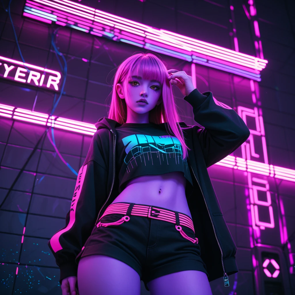 Create image poster concepts Cyberpunk Manga Madness Poster
Background: A bustling cyberpunk cityscape with towering skyscrapers, neon signs, and holographic projections of burgers and fries casting colorful glows in shades of neon blue, purple, and pink.

Character: In the center of the poster, a young woman with vibrant pink hair and large, glowing eyes in a cyberpunk manga style. She is depicted taking a big bite out of a digital-rendered burger, displaying a look of pure enjoyment and excitement.

Fast Food Imagery: Around the character, floating holographic projections of various futuristic fast food items:

Digital pizza slices with glowing toppings
Holographic onion rings emitting digital steam
Neon-lit milkshakes with swirling colors
Typography:

Bold, glowing red "Fast Food Frenzy!" heading with digital effects, placed prominently at the top of the poster.
Floating speech bubble with animated "Get Your Grub On!" tagline in futuristic font, positioned near the character to emphasize the theme.
Color Scheme: Vibrant and electric palette with neon blues, purples, pinks, and digital greens, creating a visually striking cyberpunk atmosphere.

Additional Elements:

Floating holographic icons of a digital ketchup bottle, soda cup, and high-tech chef hat scattered strategically around the poster to enhance the futuristic theme.
Final Touches: Ensure the layout is dynamic and balanced, with enough space for the manga character to stand out amidst the vibrant cyberpunk environment. Incorporate digital effects and neon glows to reinforce the futuristic aesthetic.