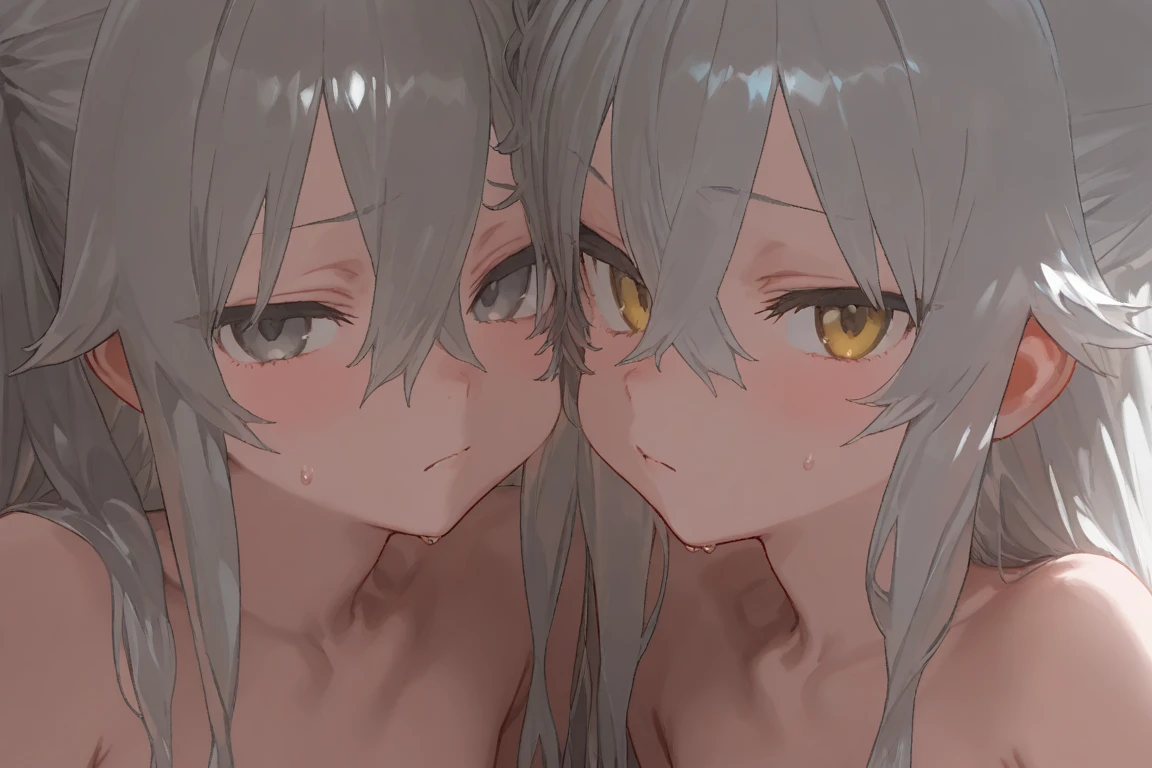 Browsing Caution、(Anatomically correct、masterpiece、Highest quality、Tabletop、Realistic skin feel、Detailed structure)、(((((Two beautiful girls, One has silver hair and white skin.、The other has blonde hair and dark skin.)))))、(((Completely naked)))、(((Lesbian)))、(((Sweat)))、(((Detailed vagina)))、(((Love Juice、Squirting)))、(((Put your finger in your vagina)))、((pubic hair))、(((Lesbian play with two people、Climax)))、(((blush、tears、Feels good、Panting、Drooling)))、(((Spread your legs)))、(((Covered in bodily fluids、soaked、Sticky)))、((Gazing at each other))、Angle from below