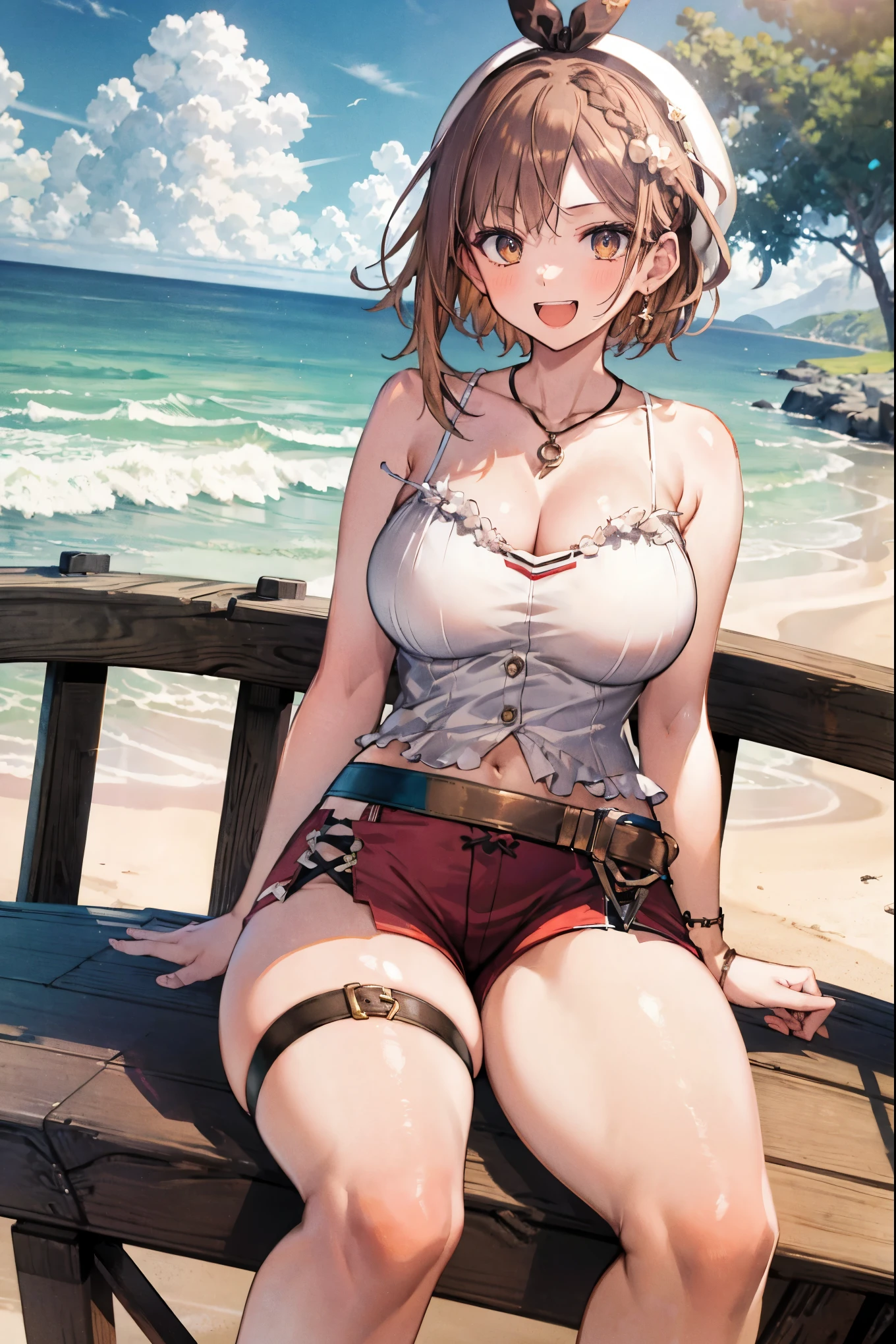 Masterpiece, top quality, Hi-Res, very detailed CG , 2nd Default, asymmetrical design costume, Bare Thighs , belt, chest, teeth, is laughing, beach,1teen young_girl,white_camisole,large_breasts,large_thighs,short_shorts,apart_legs,raise_fist,sitting_on_wood_deck, (pectineus_muscle:0.2),thigh_strap,