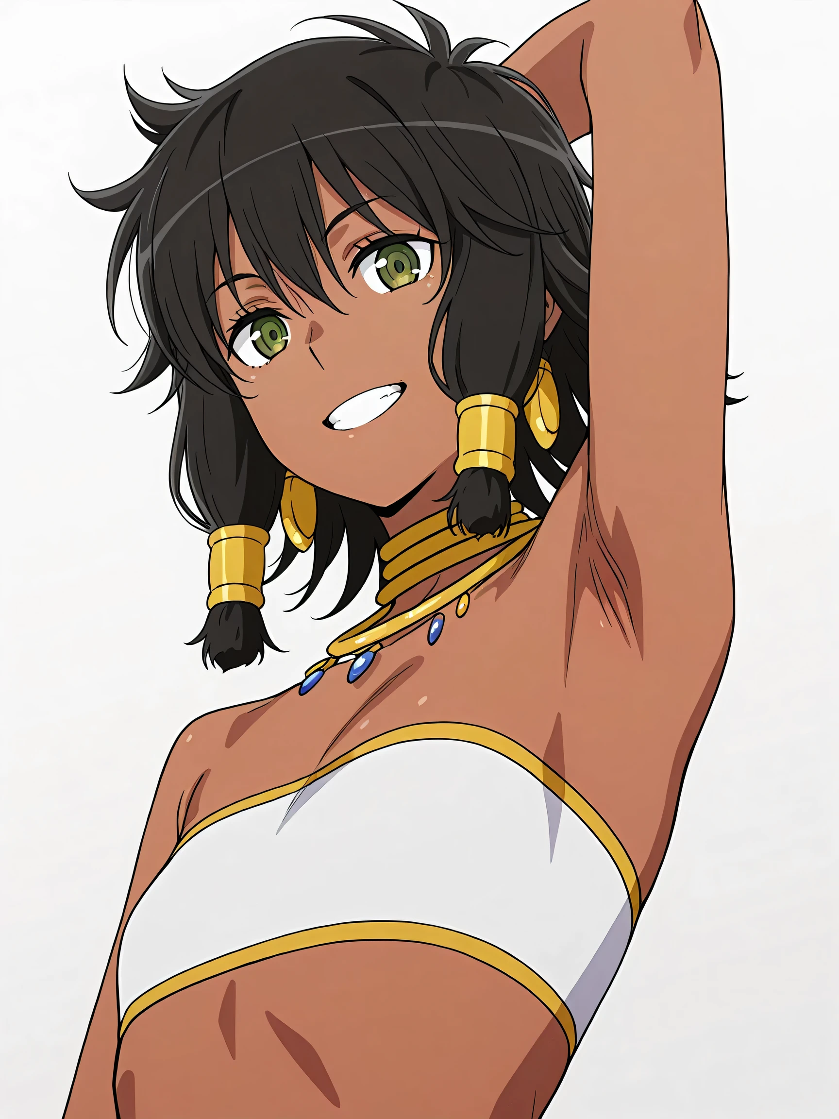 masterpiece, best quality, amazing quality, anime screencap, anime coloring, 1girl, solo, dark skin, short hair, hair tubes, black hair, green eyes, earrings, TionaHiryute, neck ring, necklace, white bandeau, flat chest, arm behind head, armpit, head towards viewer, looking at viewer, smile, teeth, (front light:1.1), white background, simple background, from side, from below 