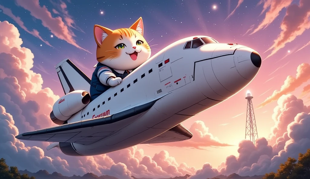 (ultra-detailed animated chibi anime), best quality, clear focus, dramatic scene, cinematic, shadow, (ultra-high resolution), perfect , perfect face, (detailed face), (detailed eyes), (chibi), cute giant fat cat\(giant fat cat, cute, chubby, big, tall, mewing, wearing space crew uniform\), giant cat is climbing on and clings to the back of space shuttle at the NASA launch site in Florida, at the moment of launch, spectacular view of beautiful sunset with milky way, deep pink and purple sky, (shoot from below), The space shuttle begins to fire a jet of intense smoke and flames for launch