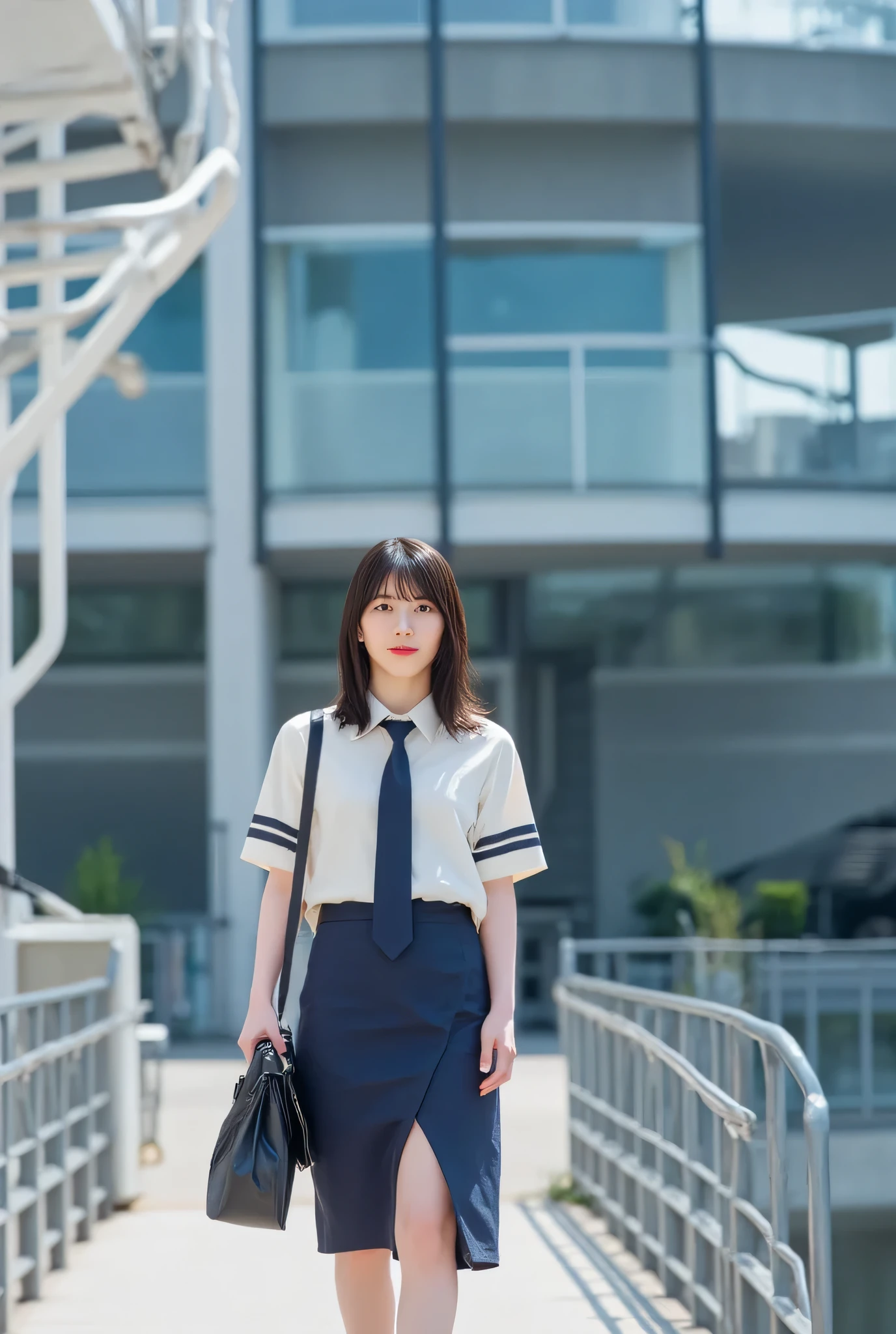 beautiful japanese woman, and it's not a hard material , wearing a white short sleeve shirt, navy tie, navy pencil mini skirt, SEXY BLACK PATENT HIGH HEELS, show me a beautiful hip line, black handbag, A woman looks back while climbing the steps of a glass building, brown hair, long hair, Floating Hair, bungs, low angle, surrealism, depth of field, Dutch angle, blur prospects, Uhigh resolution, retina, masterpiece, accurate, anatomically correct, textured skin, Super Details, Advanced Details, high quality, 最high quality, high resolution, 1080P, high resolution, 4K, 8k, 16k
