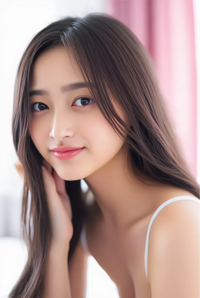(Realistic: 1.4), (Highest quality: 1.4), Ultra-high resolution, (fine grain),,Extremely close-up face,17 years old,(Beautiful breasts),Berry Short,high school student、As if I was lying on top of you in bed、,Big eyes,Blushing、Ta,((smile)),Highly detailed face and skin texture, Healthy Skin,8K resolution、Stick out your tongue、esotropia、