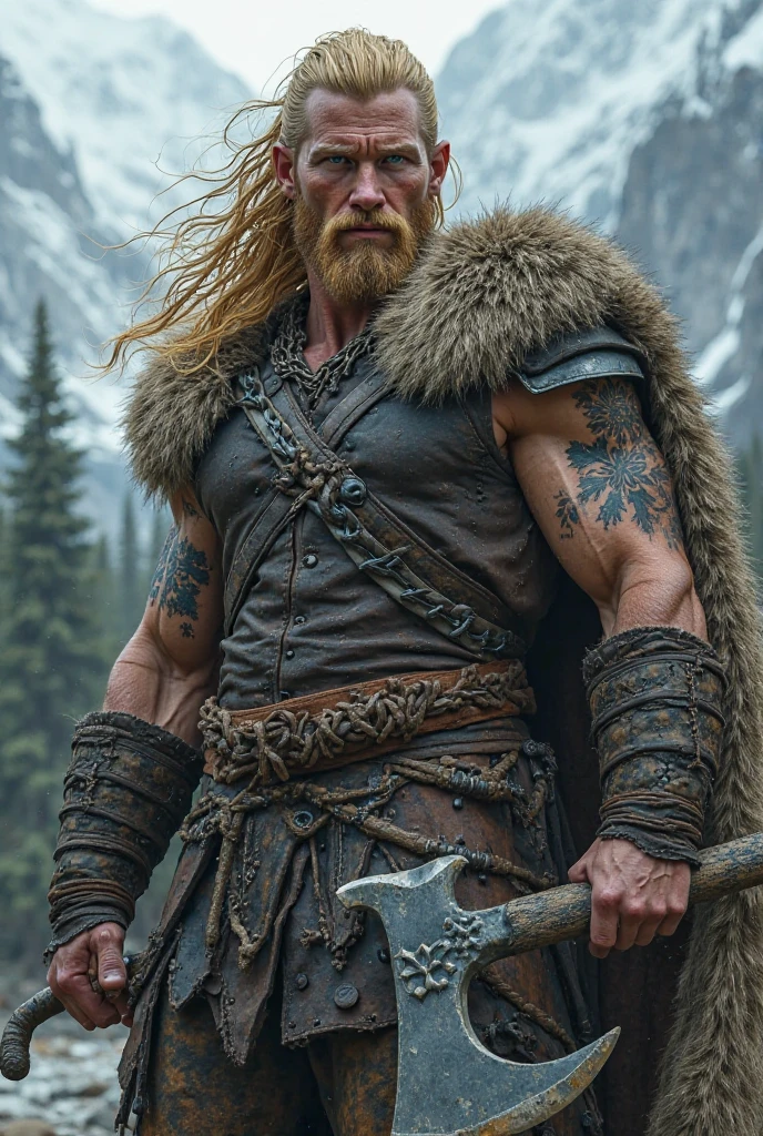 A 40 years old Viking male warrior, topless, barechest, raw, in Viking clothing, long blonde flowing hair, stormy background, very sexy, brutal, insanely hot and handsome, chilsed fitted, cinematic photography, dynamic action scene, poster art photography, heavenly handsome, sexy, handsome, viking clothing and weapons, full-body, arrogant, cocky, proud