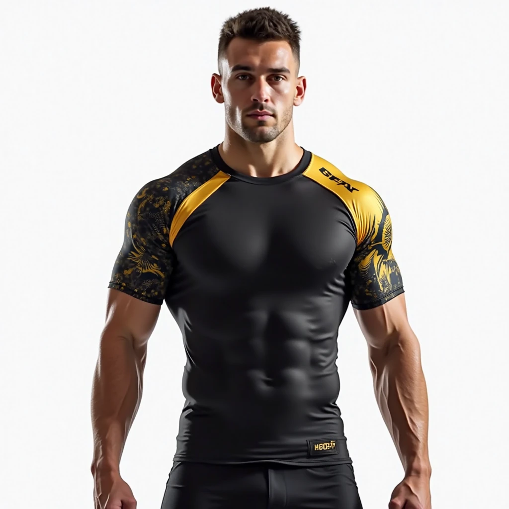 (tactical agent, spy, soldier, strong blond man in tactical gear and blood on his body, sweaty, injured, tired) hd, 4k. male version, blond hair, wide chin, blue eyes, handsome boy, curtain bangs. strong and muscular boy, handsome and cheerful. black t-shirt, tactical pants, black clothes. beard. hair with bangs. tall and strong. standing.