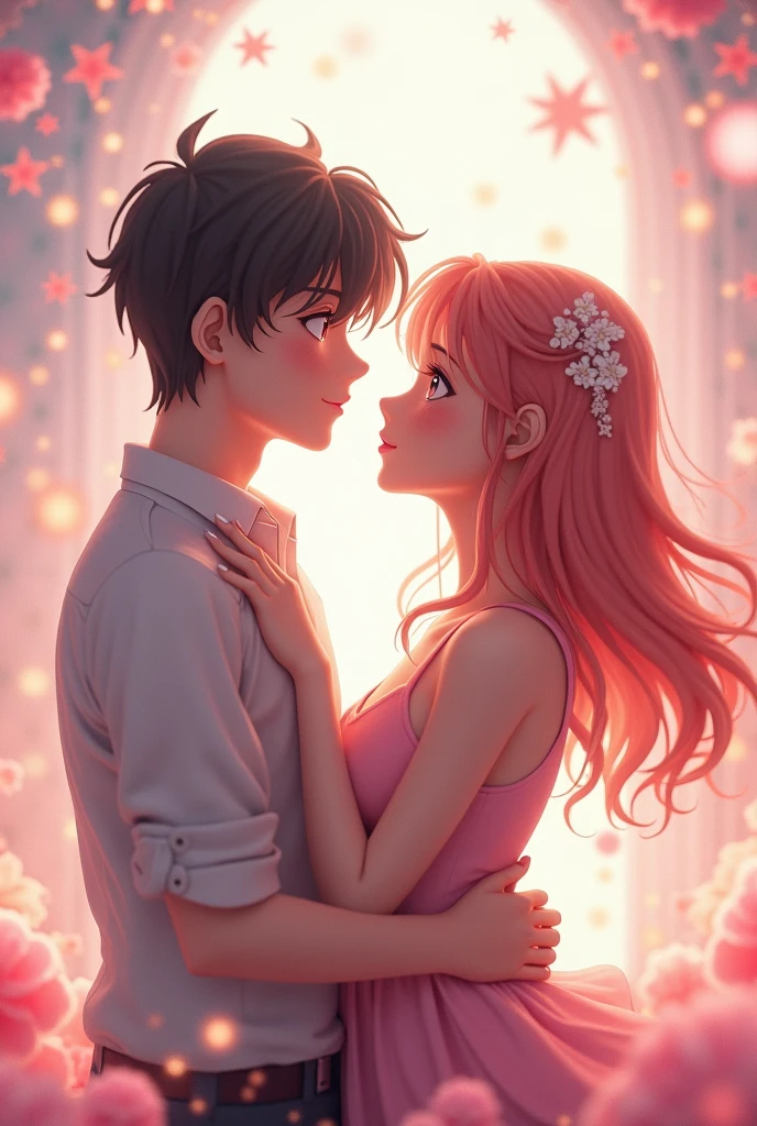 A cartoon couple who love each other very much in anime style