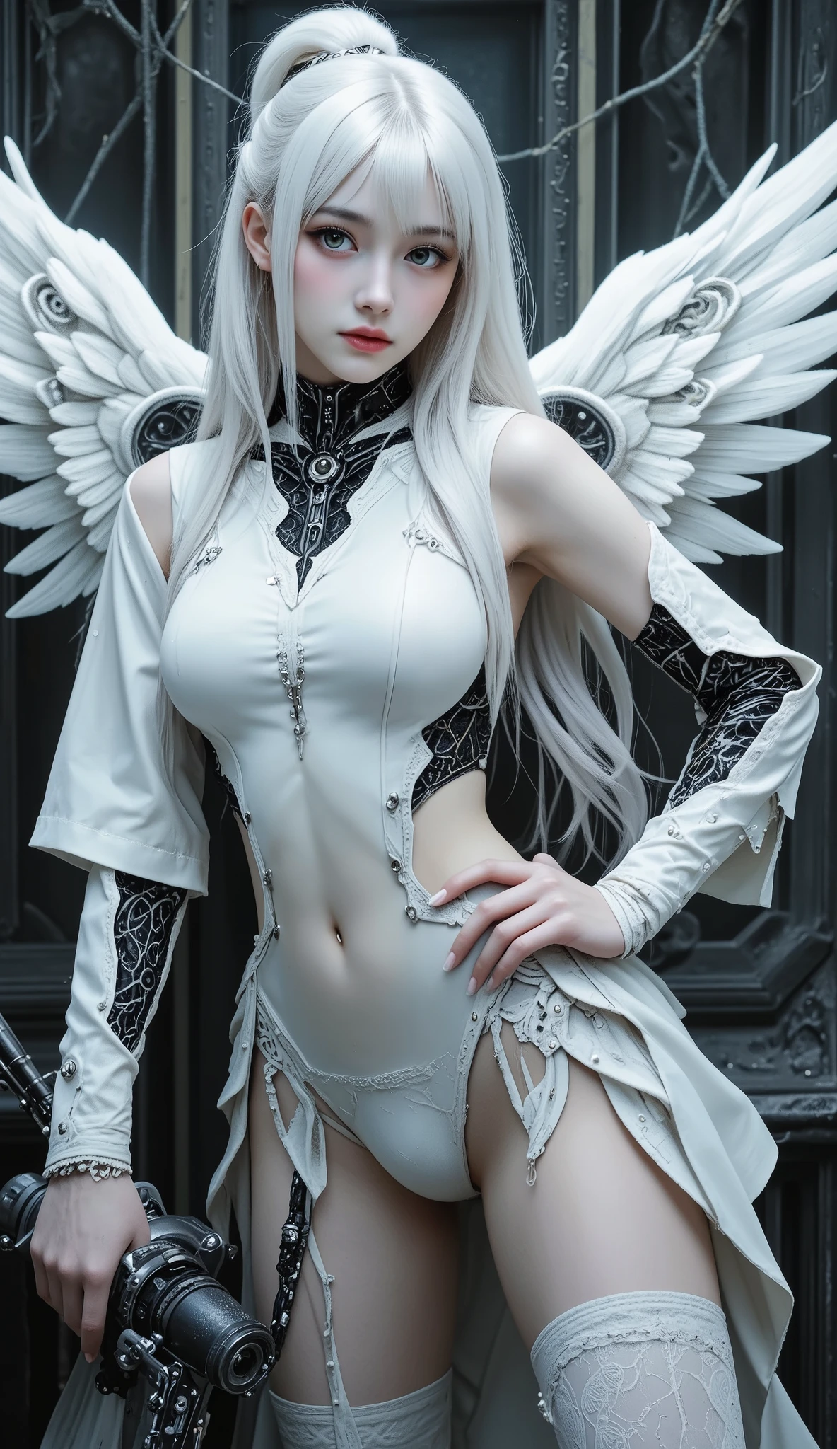 8K, masterpiece, highest quality, in the image of a naked woman,cyberpunk,gray and white color scheme,Mecha man with big mechanical wings on his back, smooth design ,Complex Mechanics,digital art, Highly Detailed, 3D Rendering, Sci-fi Concept Map , Mechanics ,Glossy effect, dynamic pose, strongly contrasts , Vivid Colors, Surreal realistic texture