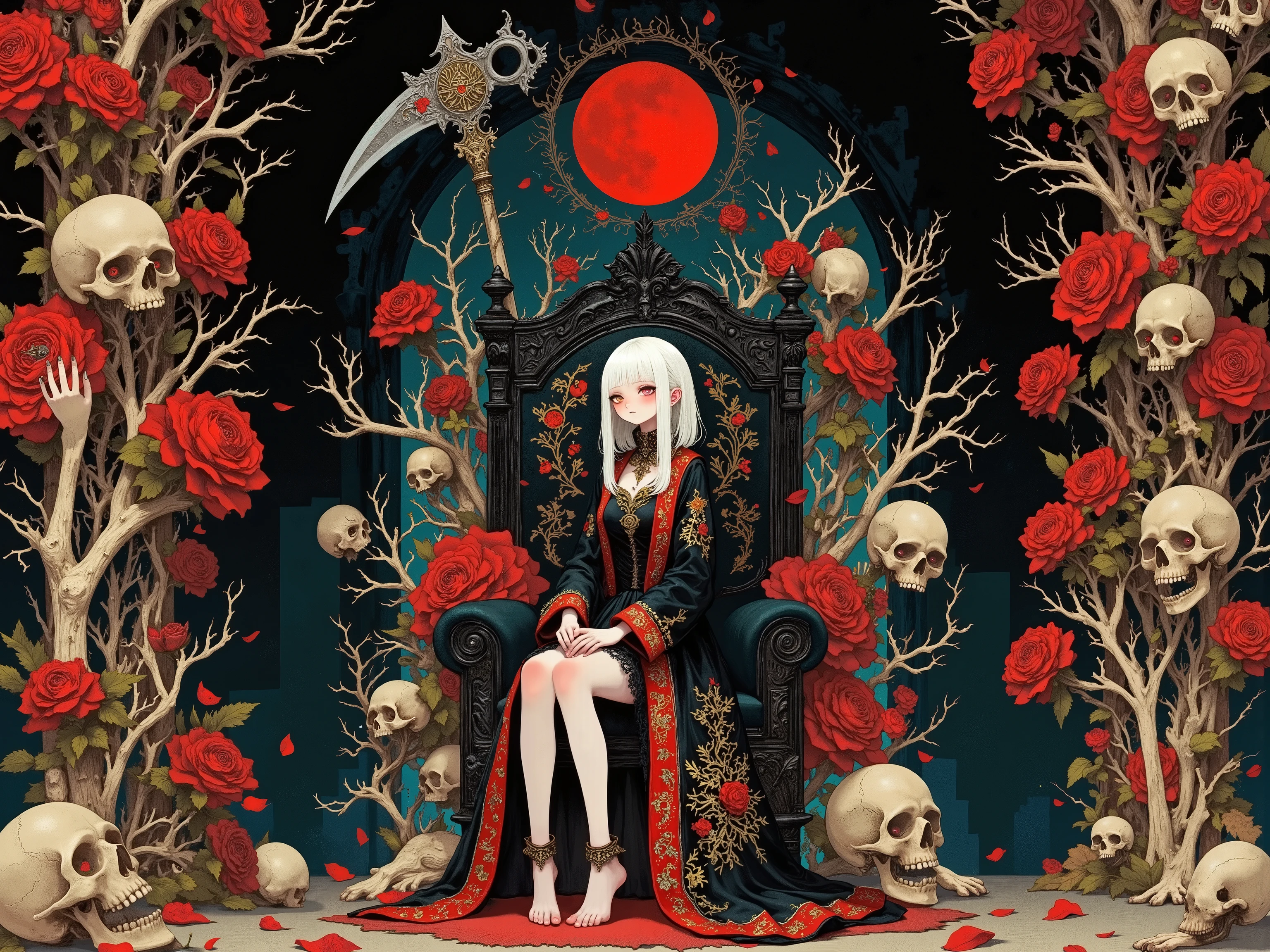 a pale gothic queen sitting barefoot on a black ornate throne, holding a massive silver ritual scythe, surrounded by red roses and twisted human skulls, elegant black and red royal dress with golden embroidery, long silver hair, emotionless expression, full moon glowing behind a cathedral window, skeletal vines growing from the ground and wrapping around the throne, candlelit gothic architecture, dark fantasy horror atmosphere, surreal details, bones blooming like flowers, crimson petals scattered on the floor, throne room filled with silent death
art style: baroque gothic, horror romanticism, high detail, intricate bone and rose design, chiaroscuro lighting, Caravaggio-inspired contrast, soft glows and sharp silhouettes
BREAK, ray tracing, UHD, retina, masterpiece, accurate, anatomically correct, very aesthetic, high resolution, ultra-detailed, absurdres, detailed textures, digital painting, ultra-detailed, newest, textured skin, super detail, high details, high quality, best quality, highres, 1080P, HD, 16k