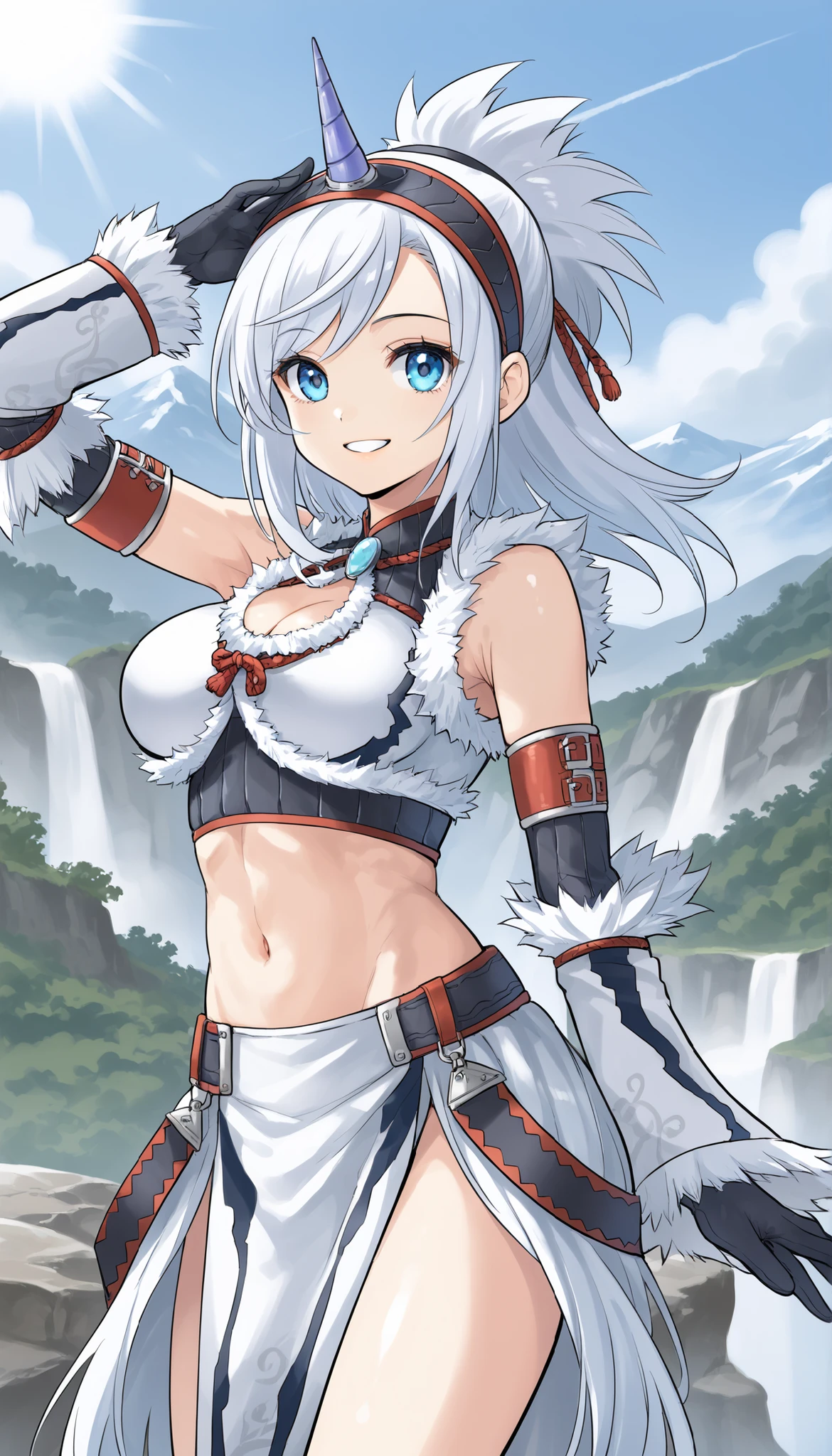 best quality, integrated scenery, integrated background, extremely delicate and beautiful, meticulous details, good composition, , cute face, perfect face,( score_9:0.9), score_8_up, score_7_up,rating_safe, anime style,(zPDXL), Armor , oung_girl, Alone, single_purple_horn Hairband, Blue Eyes, , belly button,large_breasts, white loincloth, white kimono sleeve , smile, mountain background, monochrome, white bandeau, armpit,raise_arm,(abs:0.65),smile,spiky_bangs,sunlight,spikey_hair,oil,