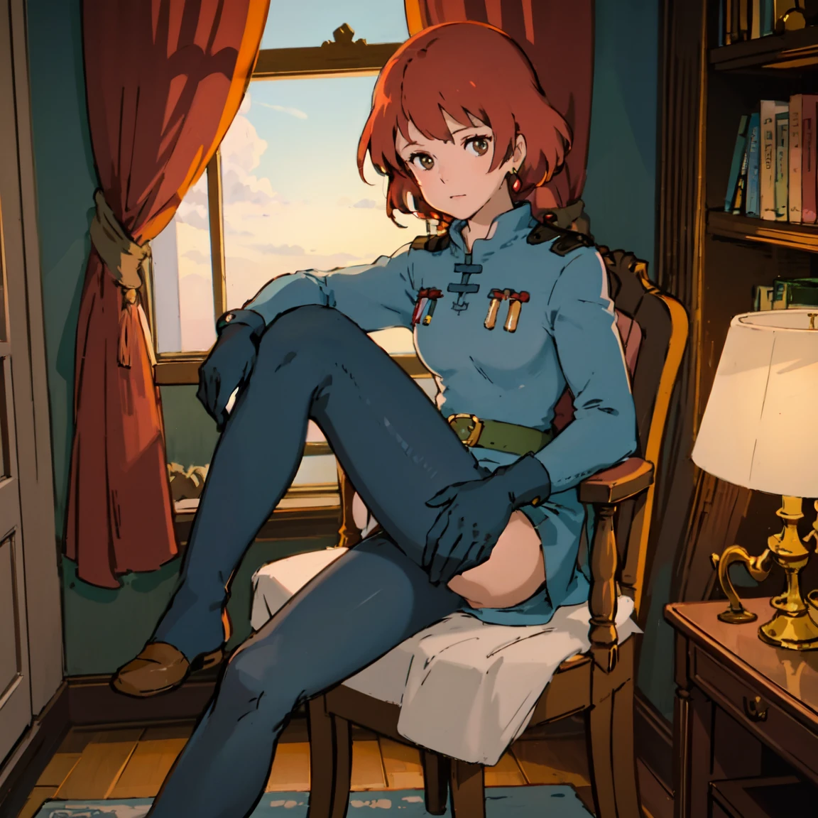 masterpiece, high quality, 1 girl,, (masterpiece:1.4), (best qual:1.4), (High resolution:1.4), 1 girl, redhead, brown eyes,  face､Nausicaa, sit on a chair, No pantiesboot, colorful, whole body, ghibli style, software,  spread your legs and masturbate,Expagina