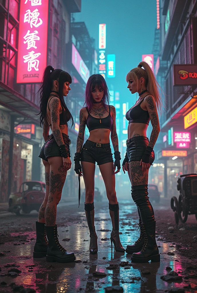 a cyber cafe beside a city street in the pouring rain with a police car with flashing neon red and blue lights, Two cyberpunk Asian Elf girls with tribal tattoos walk hand in hand wearing black leather topless thong bikini and a red miniskirt with black fishnet stockings and a red garter