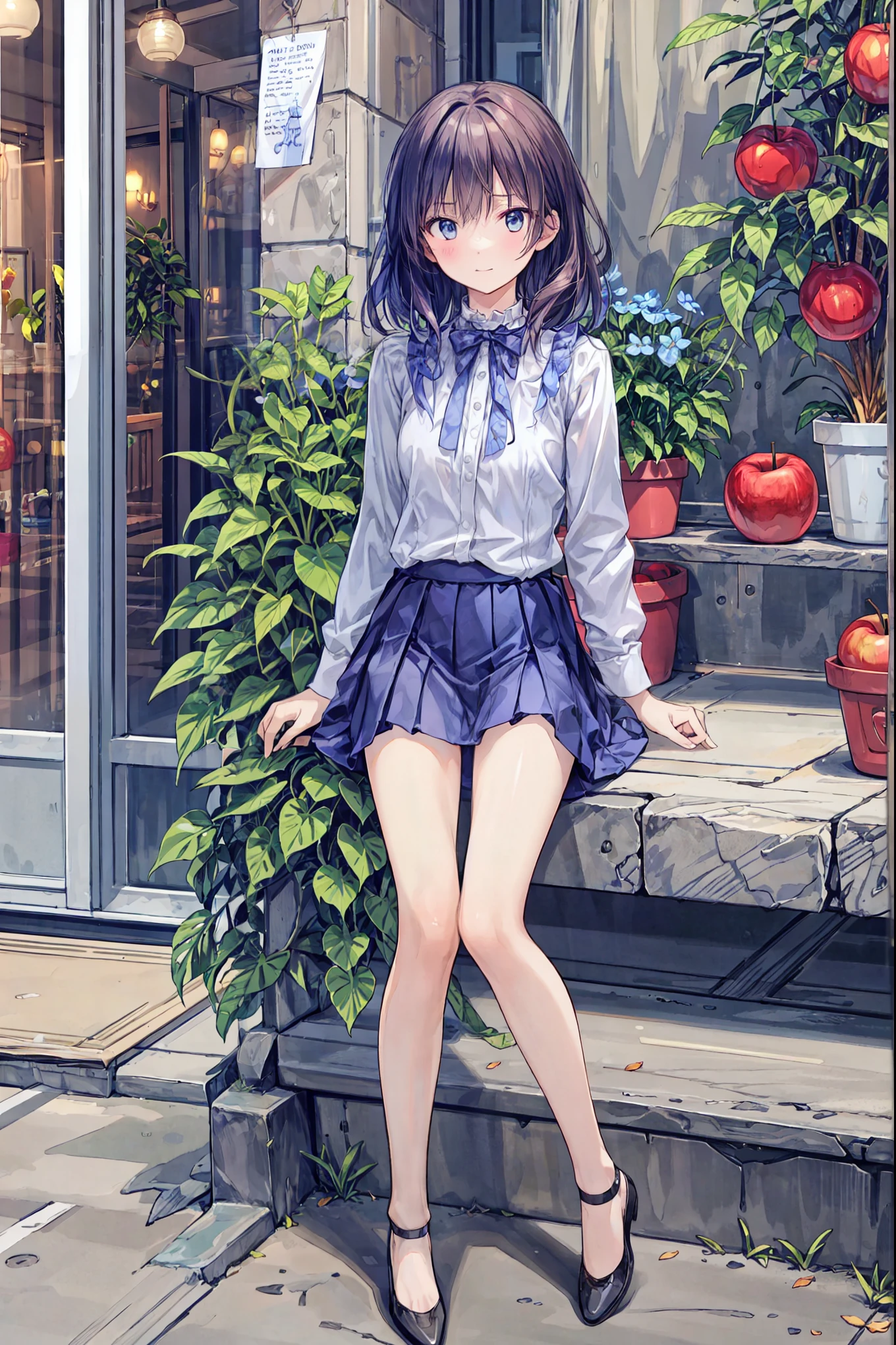 high resolution raw color photo , Professional Shooting, (((Bokeh))), written depth of the border, Many apples have fallen from the sky 、camisole、短いhair、chest, hair,shortcuts,左目の乱れたhair,短い編み込みのhair, Neat , Slender beautiful woman, correct posture,small breasts,Beautiful Legs,Your enchanting gray-blue eyes shine like stars,dull eyes,bright color,Beautiful Eyes,A delicate smile,textured skin,Best Quality, A Parody of a Gentle and Beautiful Woman ,anime style、