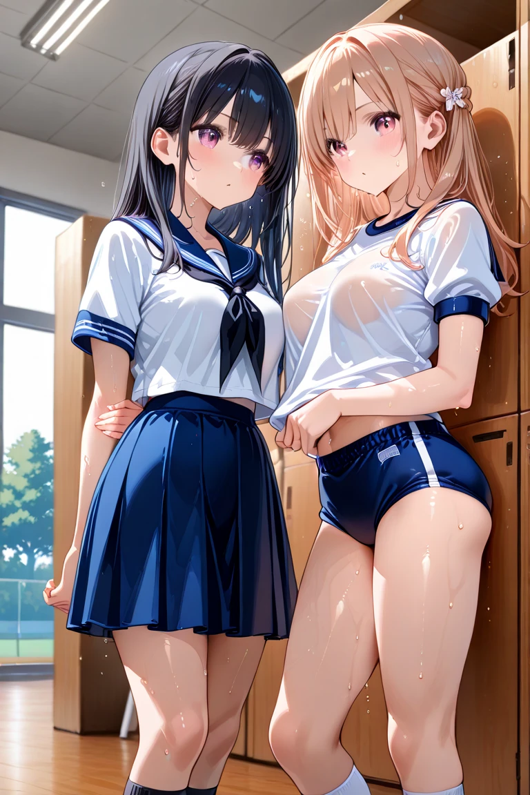 View from below、master piece,fulcolor,Threesome girl, Koi、School uniform,((Perfect Erotic White Panties)), ((White panties showing)),beautiful thigh、low angles:1.4、Girl in white short sleeve shirt, ((Navy blue pleated skirt)), Large crowds, masutepiece, Best Quality, Highly detailed,End of summer,After school、tits out、Colossal tits、cleavage of the breast、、Nasty smile、((masturbation))、((ssex))、((Iki face))、A dark-haired、((perspiring))