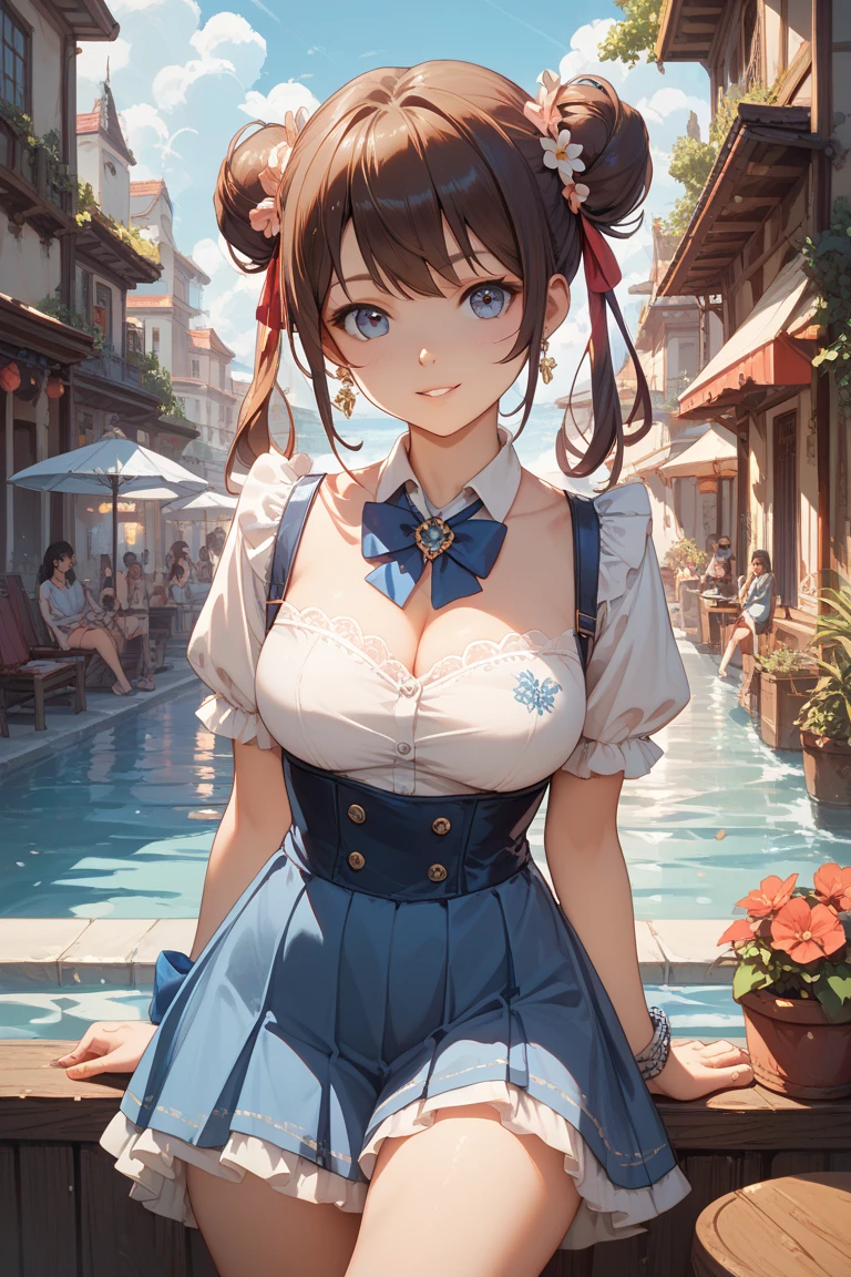 (masterpiece:1.3), (absurdres:1.3), (best quality:1.3), (ultra-detailed:1.3),(best shadow:0.7), (handled hair), perfect anatomy, 1girl, solo, rosa(pokemon), double bun, visor cap, hair bun, long_twintails, brown hair, blue eyes, hair between eyes, large breasts, sightly smile, nuisette, wearing a nuisette, see-through, see-through silhouette, revealing clothes,