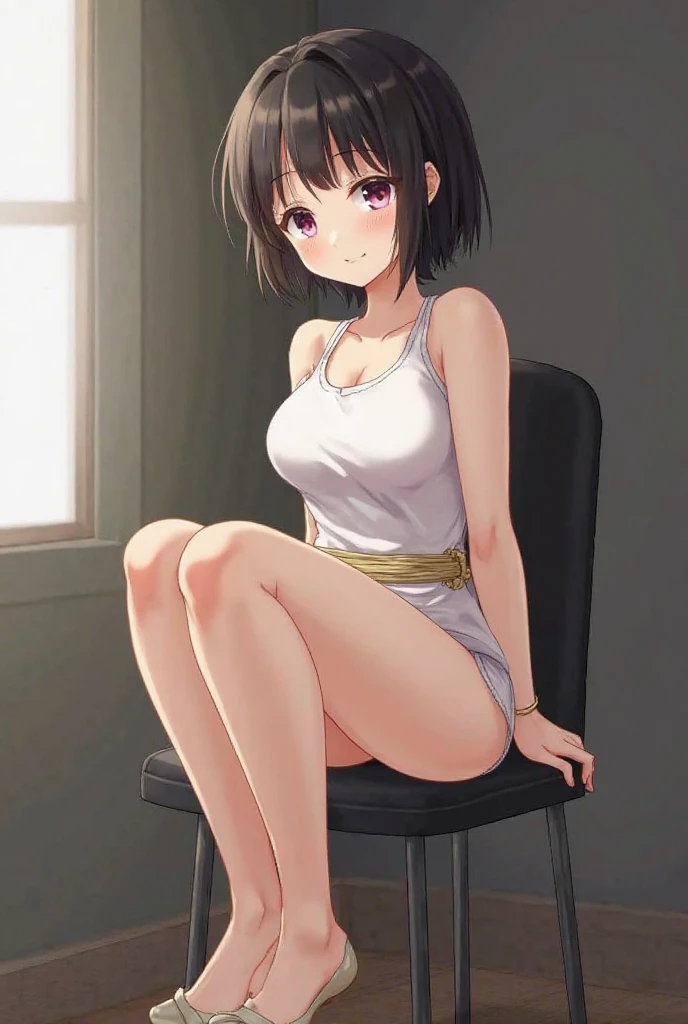 (Ellen 18-years-old, short dark layered hair, Brown-eyed, small breast:1.0), hair clips 
Casual outfit, spread legs, sitting, embarrassed, groin , 