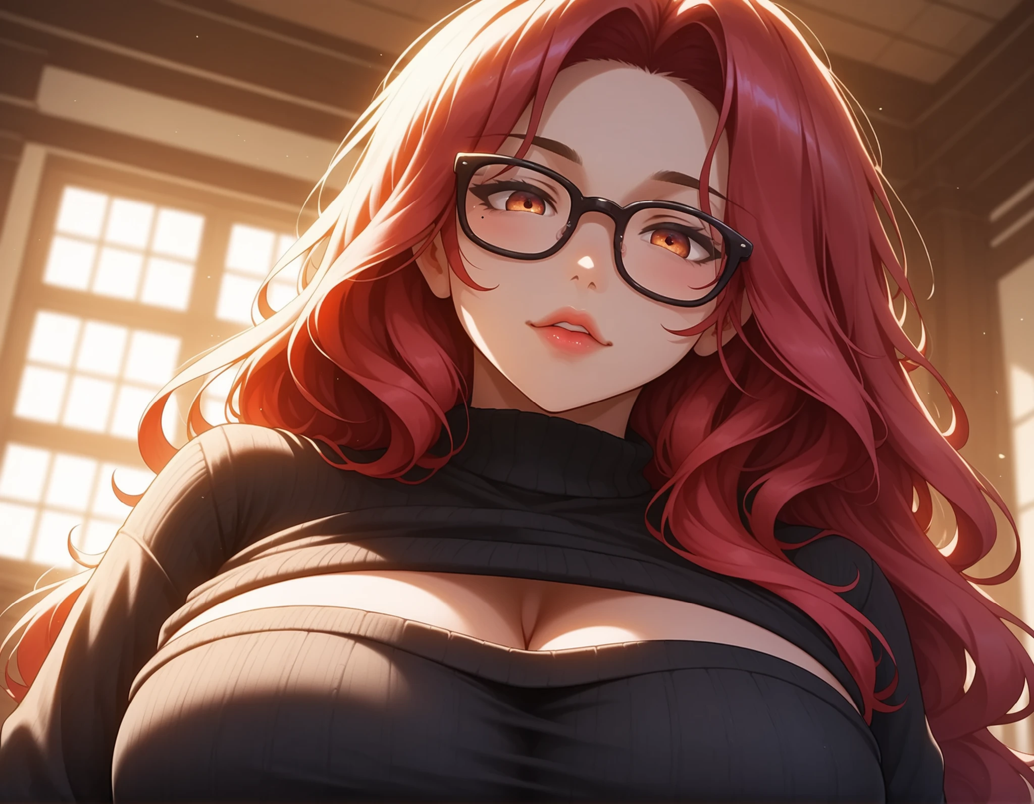 ffacedetailxl, Stable_Yogis_SD1.5_Positives, ArtNReal_PDXL, CyberRealistic_Negative_PONY, woman, breasts, nipples, Watercolor, score_9, score_8_up, score_7_up, (Volumetric_lighting: 1.7), (masterpiece), (lora: detailed anime girlsXL), (lora: My Pony Style V4), (lora: NoobAI-XL Detailer), (lora: smooth lighting enhancer) (lora: Detailed Background), (lora: NKxXmo's Shaded Face), (lora: SDXL high detailed. LoRA_SDXL_ARW_0010: 0.75), (lora: Waifu Eyes), (((Masterpiece, high quality, detailed image, 1woman, black_sweater, crop_sweater, long_black_skirt, black-framed_eyewear, very_long_hair, crimson_hair,))), solo, solo_focus, cleavage, looking_at_viewer, glasses, indoors, lips, mole_on_breast, standing, studio, blurry_background, foreshadowing, 8K, high_quality, detail_focused, blurry_background, (Diminishing scale perspective:1.3), ((forced_perspective))