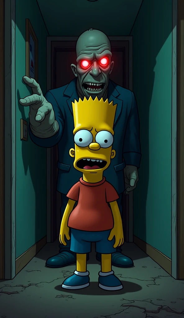 Bart Simpson standing frozen in a dark hallway, his wide eyes filled with terror as he stares at something unseen, wearing his signature red shirt and blue shorts but slightly disheveled, pale skin glistening with sweat under faint flickering light, shadows stretching unnaturally long across the walls. Behind him, Ned Flanders creeps silently, his face twisted into a demonic grin with glowing red eyes that pierce through the darkness, sharp teeth exposed, one hand raised menacingly with elongated shadow stretching toward Bart. The hallway is dimly lit by a single flickering bulb casting harsh shadows, creating a cinematic composition with dramatic high-contrast lighting. The atmosphere is eerie and oppressive, with detailed textures on Bart's clothing and Ned’s cracked skin, 8k resolution, photorealistic rendering with exaggerated cartoon features to maintain The Simpsons’ iconic style."