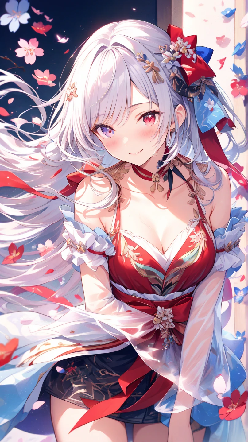 ((silver hair)),((pink eyes)),((long hair with curls)),((With bangs)),((fashion//Traditional and sexy red, white and light blue costume:1.3)),((Cute and moving around energetically)),((lots of flowers:1.35)),(blush),((happy face:1.2)),(close up of face:1.3),((celebration)),(NSFW),((small breasts:1.2)),((drooping eyes:1.3)),
