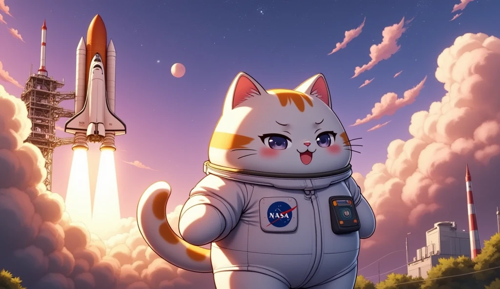 (ultra-detailed animated chibi anime), best quality, clear focus, dramatic scene, cinematic, shadow, (ultra-high resolution), perfect , perfect face, (detailed face), (detailed eyes), (chibi), cute giant fat cat\(giant fat cat, cute, chubby, big, tall, mewing, wearing space crew uniform\), giant cat is climbing on and clings to the back of space shuttle at the NASA launch site in Florida, at the moment of launch, spectacular view of beautiful sunset with milky way, deep pink and purple sky, (shoot from below), The space shuttle begins to fire a jet of intense smoke and flames for launch