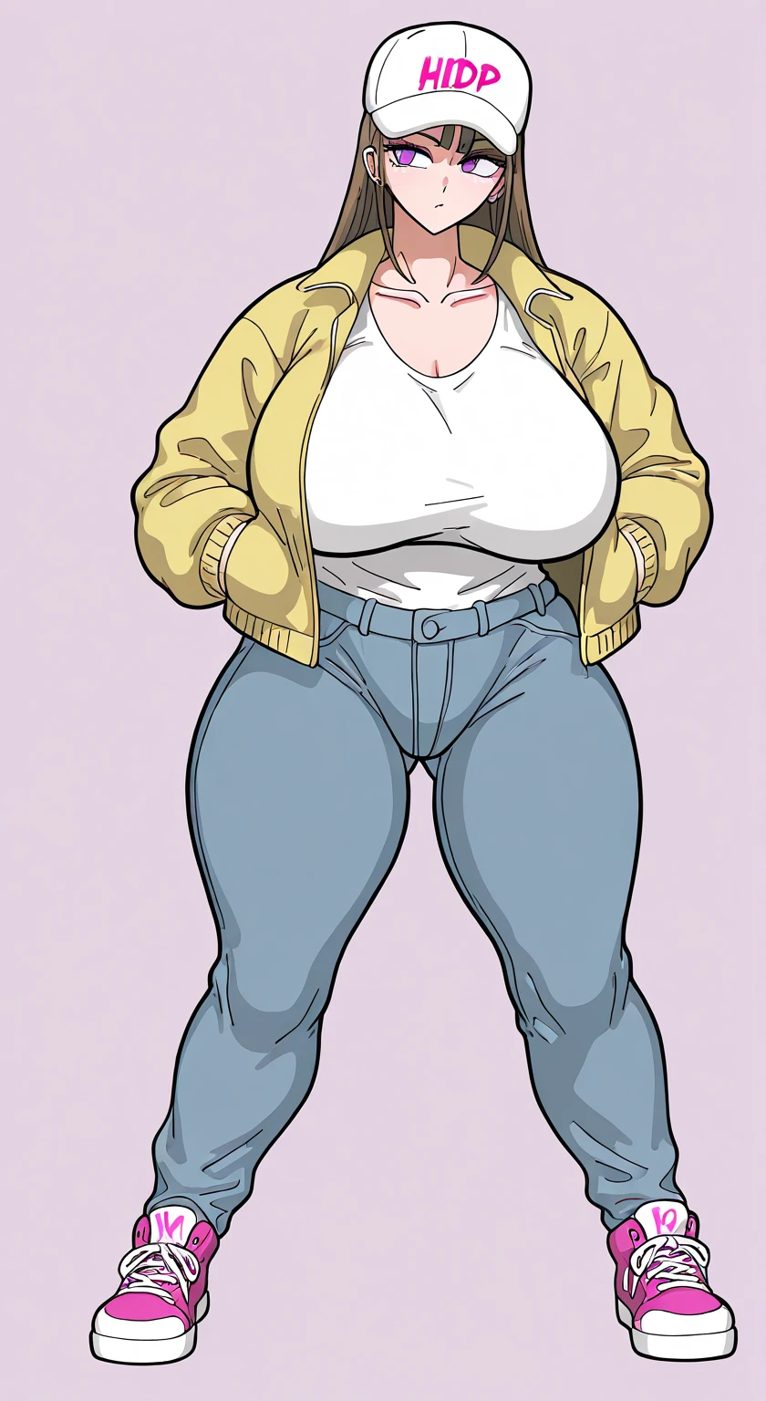 an adult woman, He has a robust and curvy build. Her hips and bust are pronounced, which gives you an hourglass figure, some wrinkles on the face, short brown medoo hair, yellow eyes, big breasts, wide hips,, thick thighs, low height, a very wide beige sweater, pants denim pants, full body view, White background 