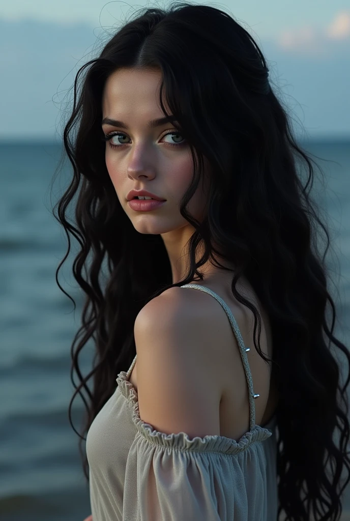 1 girl, on the seashore, long black hair, European, piercings in the ears, expressive blue eyes, covering her breasts with her hands