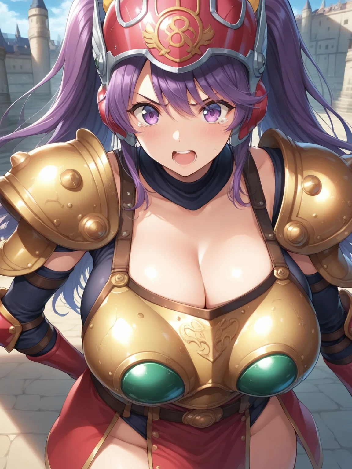 (trading card:1.2),text,(gold frame:1.2),(masterpiece, best quality:1.2), soldier \(dq3\), 1girl, bikini armor, long hair, curly hair, purple hair, blue eyes, large breasts, gloves, loincloth, winged helmet, red armor, holding sword and shield, (brunette messy hair), (Crying face:1.3),(perfect body, perfect boobs, perfect thighs),(tears, blood, bruises on face and body, injuries on body, damaged),torn costume,erect nipples,show off nipples,(nsfw:1.2),lake background