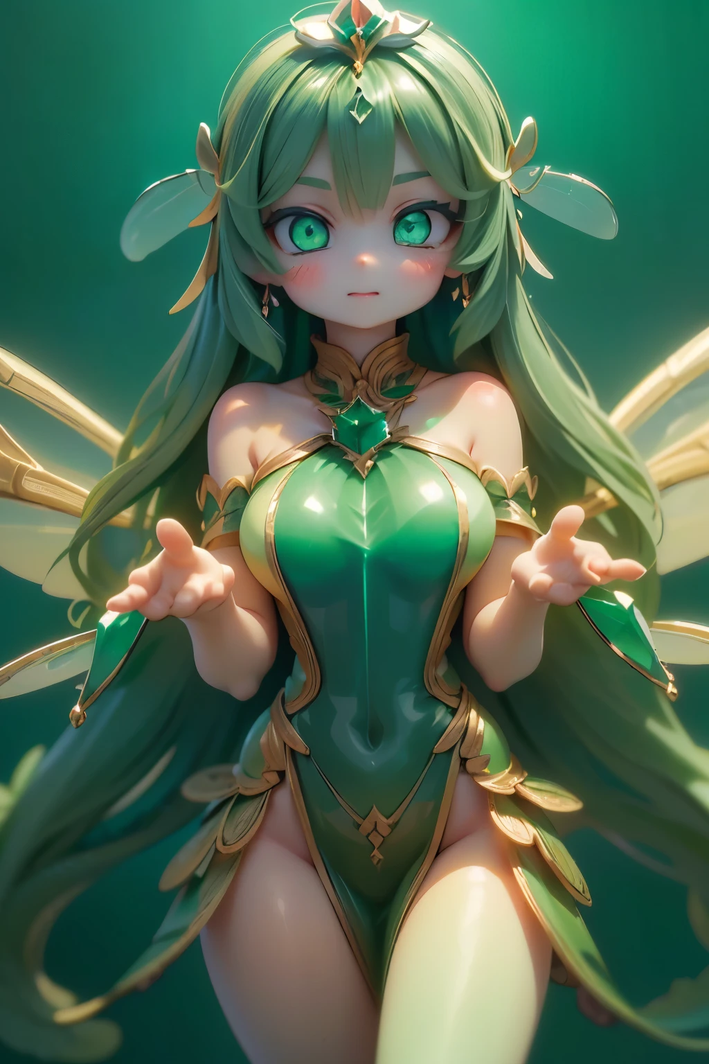 solo, female 1 person,cute, cute,small ,肌の色は白inす,(succulent plant succulent fairy:1.5),(The mysterious fairy:1.5),(正確in完璧な手:2.0),(Anatomically Accurate Hands:2.0),(  ballerina pose  :1.5),(emerald green jewel-like eyes:2.5),(Yellow-green shiny semi-long hair:2.0),( background is blue sky と美しい新緑の森:1.5),(Yellow-green shiny semi-long hair:1.2),(laughing:1.2),(in、has large transparent dragonflies and agave wings growing on her back:1.7),(beautiful luxurious dress like metallic green:1.5),big cute smile,(beautiful wings of dragonfly on the back:1.5),[Dragonfly Wings:1.5],( background is blue sky , Beautiful fresh green, and agave forest:1.5),(8k,very well detailedCGユニットのwallpaper, masterpiece,high resolution, Real Skin Texture,Surrealism,increase resolution,RAW photo,Best Quality,very well detailed,wallpaper,movie lights,  Raytrace  ,face up,(Face Light:2.0),(Increase overall color saturation:2.0),(cowboy shot:1.5), Front lighting ,