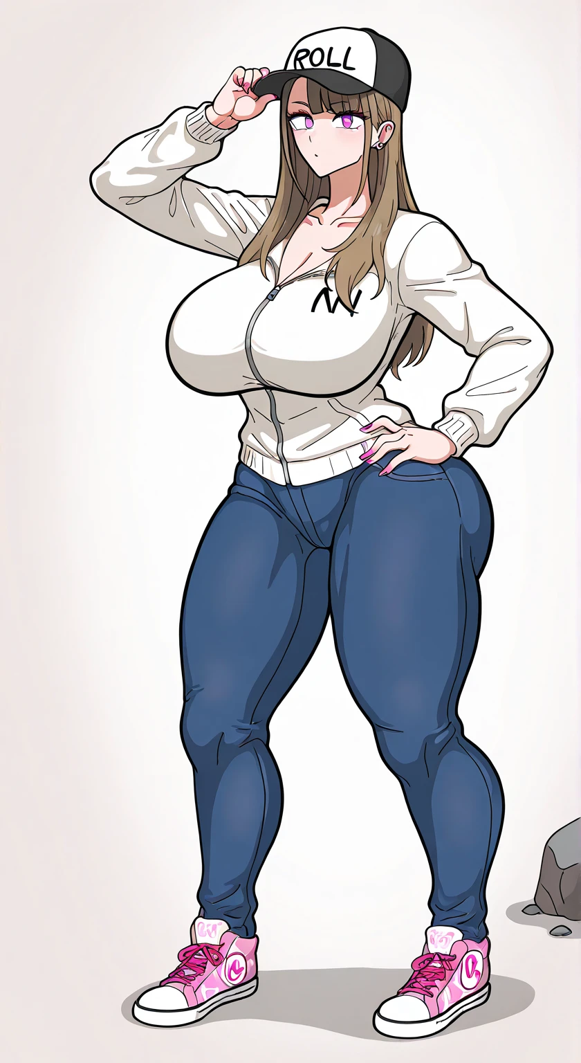 Only one girl, high stature, she have long hair light chestnut tone, big and almond eyes, intense green eyes, slender and elegant figure, wear jeans, a pastel blouse with a pastel colored and a bump jacket, he combined his attire with white sneakers, busty, booty. Comic style, marvel style