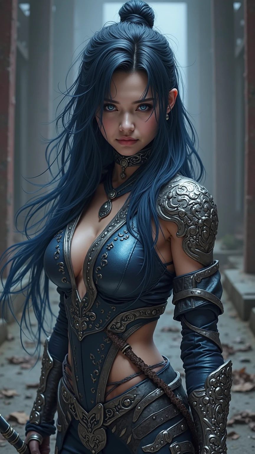Create an image of an Asian female warrior inspired by Kitana from Mortal Kombat. She should have long, dark blue hair that flows wildly and appears disheveled, giving her a fierce and untamed look. Her eyes should be large and vibrant blue, reflecting both determination and mystery. She is dressed in a sleek, form-fitting battle outfit in dark blue and silver tones, featuring armor elements like metallic gauntlets, a chest plate, and knee-high boots, all adorned with intricate designs. In her hands, she holds a bouquet of blue roses, symbolizing both beauty and strength. The background should depict a dimly lit, ancient temple or a battlefield, with an atmosphere of tension and readiness for battle, highlighting her blend of elegance and deadly skill.