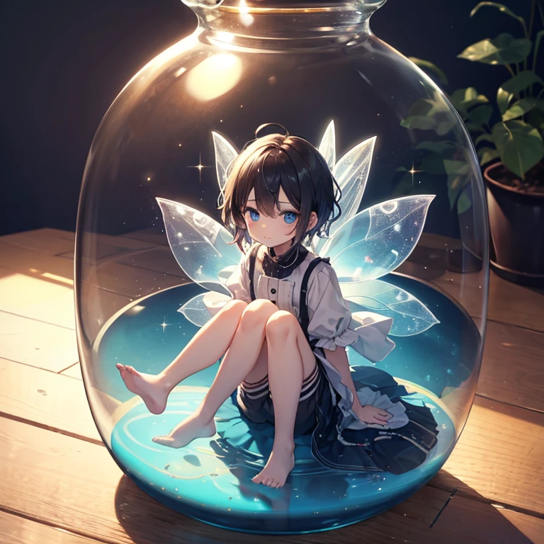 (best quality,ultra detailed,ultra-high-resolution, absolutely resolution,8k, masterpiece), very-cute-and-beautiful-anime, small-sized, fairy-girl, sitting, holding knees, sad, crying, tears, (full-body:1.3), highly-detailed-face-and-eyes, wearing fairy wings, smile, inside terrarium bottle, photorealistic, bottle, soil, plants, sand, pebbles, water, and light.