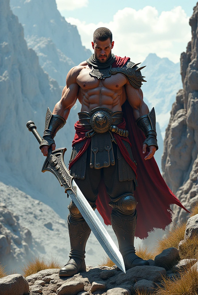 a man with a dashing face and dashing body posture holding a sword in his left hand and holding a shield in his right hand, preparing to fight and wearing armor