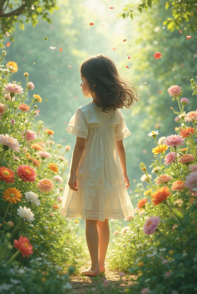 A 5-year-old sweet and cute little girl, front, whole body, big eyes, coffee-colored hair, long hair, wearing a blue dress, standing with legs crossed, hands hanging down naturally, flowers, castle, ambient light, side light, natural light, Miyazaki style, high quality, clear focus, super realistic, --auto --s2
