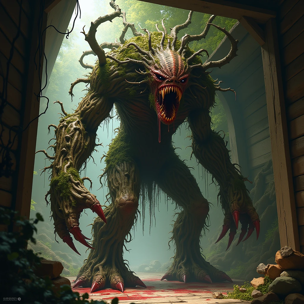 score_9,score_8_up,score_7_up,
Nestled deep within a forbidden forest,a monstrous dwelling emerges from the shadows,Its entrance guarded by gargantuan bones,the air thick with the scent of decay,Inside lies a labyrinth of terror,adorned with gruesome trophies and twisted creations that defy nature,waiting to ensnare the unwary traveler,