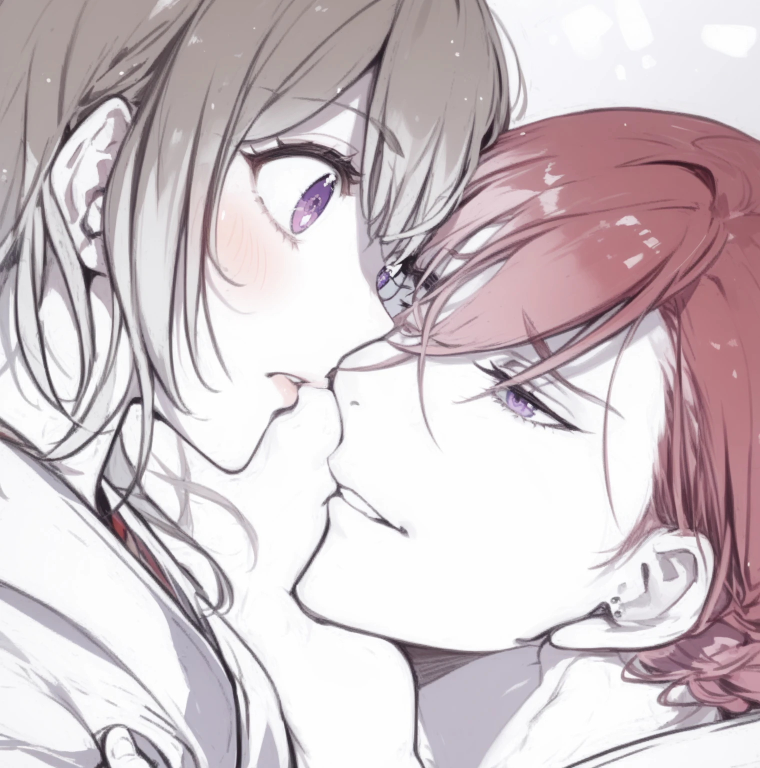 "((masterpiece)), best quality, ultra high resolution, (2 girls), yuri, (kiss:1.4), (french kiss), (blush), (tongues), (playing with tongues), (saliva), (groping), (hand on chest), love, (Yuri), bed,"