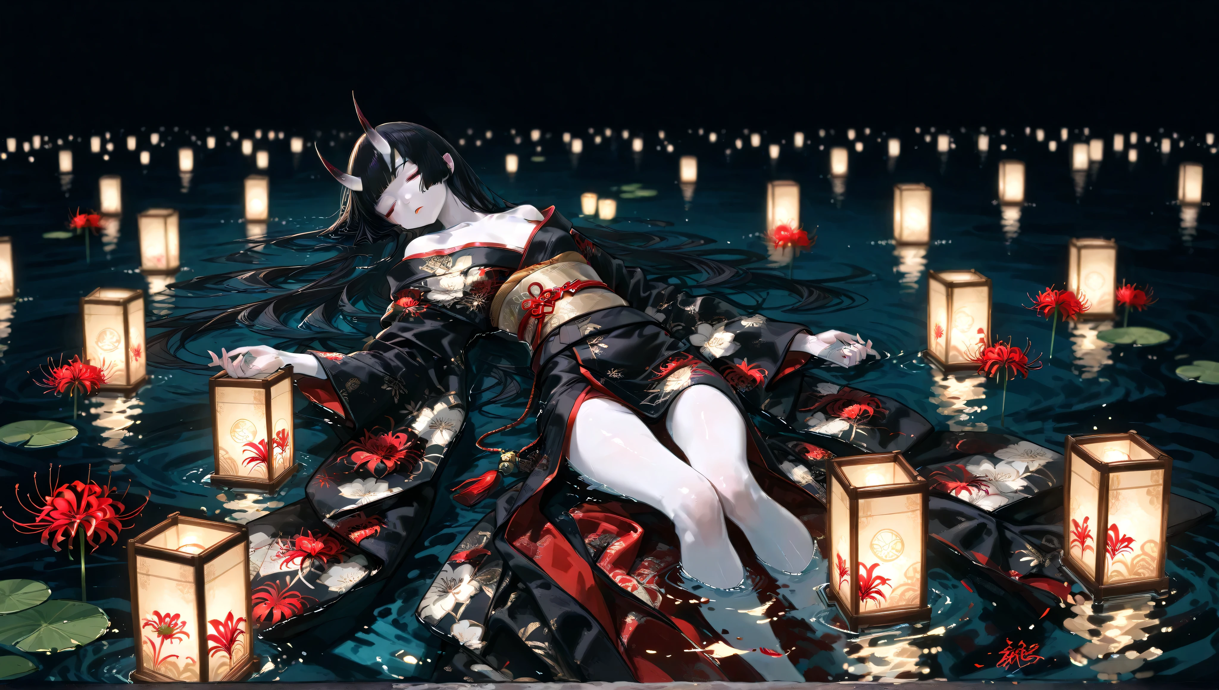 ((1girl)), girl, Half submerged in water, Skinny girl, Floating lanterns、Wide shot, white skin、black hair、little oni horn、(solo focus)、Far-reaching、blurry background, Wearing a kimono with disheveled shoulders and hem, view from above、lying、real、hime cut, cluster amaryllis, Dark colored water, The dark surface of the water continues, Dark colored Background, Sleeping、Young face、shiny skin、I can see the whole body, floating on water、shiny hair from the side、Black kimono with gorgeous patterns、Red pattern、Red spider lily、small breasts、beautiful colors、full body、solo focus、 no humans 、is sleeping, black background、sleep、I can see the whole body, Little lanterns floating in the water
