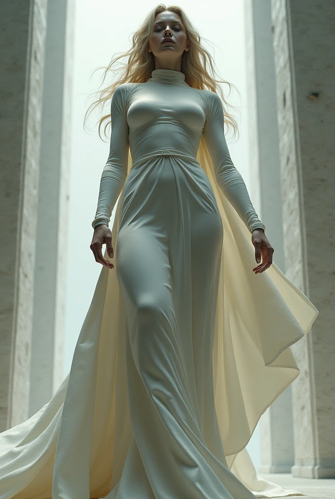 The image is a full-length portrait of a woman in a flowing cream dress. The dress features a high neck and long sleeves, with a large cutout on the back, and the fabric cascades down into a dramatic, floor-length train. The garment is crafted with waves and layers of fabric, creating a sense of movement and depth.