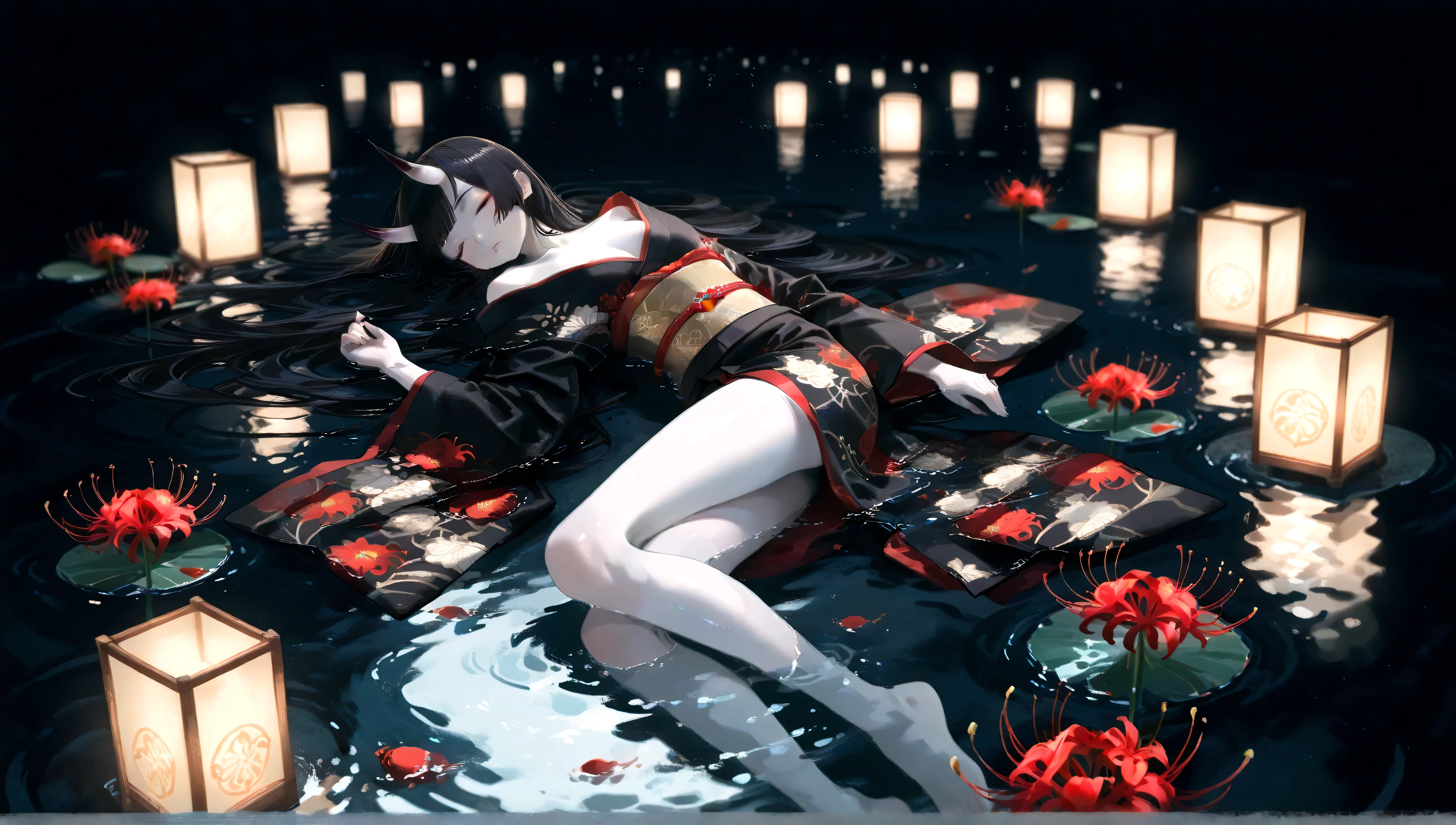 ((1girl)), girl, Half submerged in water, Skinny girl, Floating lanterns、Wide shot, white skin、black hair、little oni horn、(solo focus)、Far-reaching、blurry background, Wearing a kimono with disheveled shoulders and hem, view from above、lying、real、hime cut, cluster amaryllis, Dark colored water, The dark surface of the water continues, Dark colored Background, Sleeping、Young face、shiny skin、I can see the whole body, floating on water、shiny hair from the side、Black kimono with gorgeous patterns、Red pattern、Red spider lily、small breasts、beautiful colors、full body、solo focus、 no humans 、is sleeping, black background、sleep、I can see the whole body, Little lanterns floating in the water