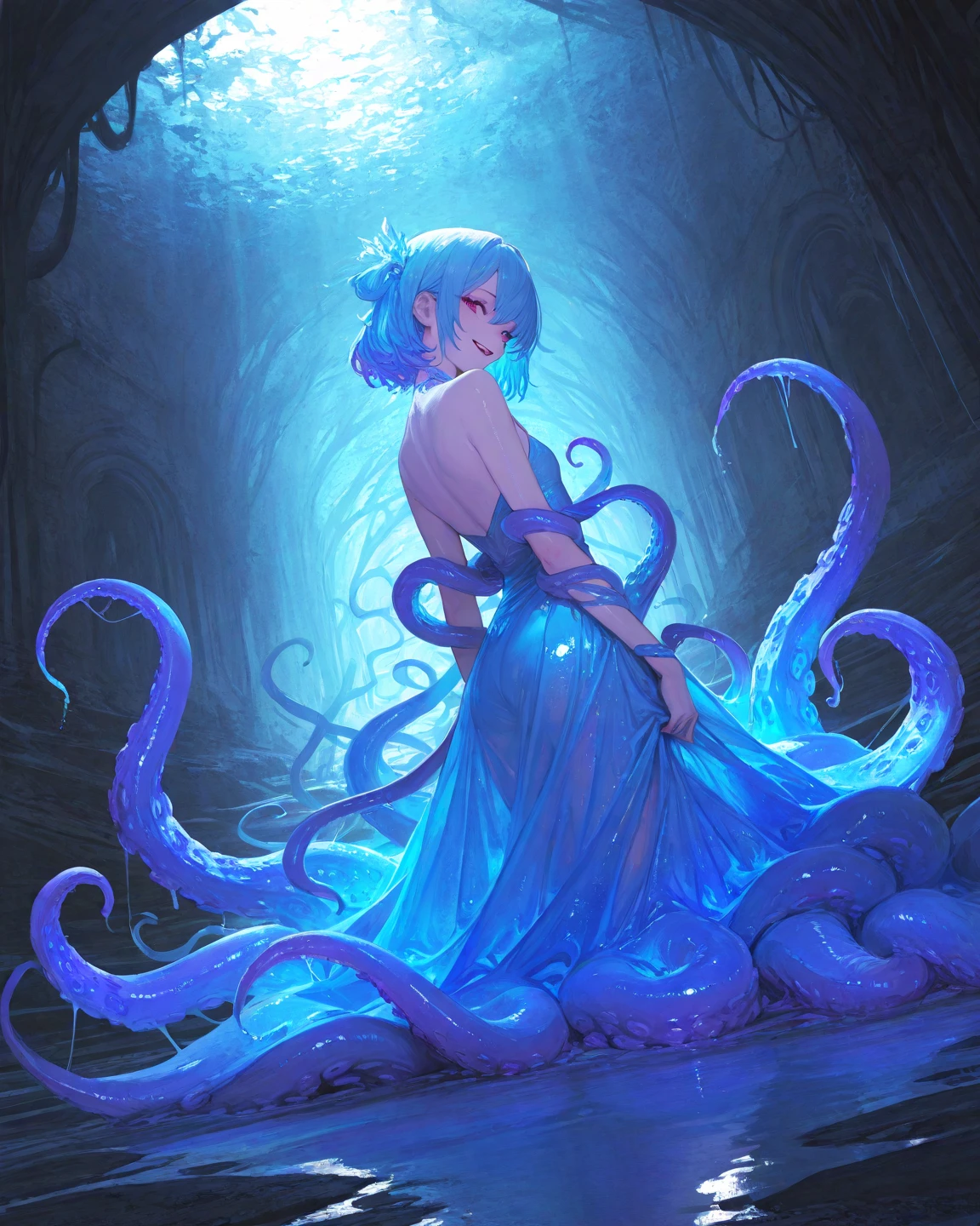 extremely detailed illustration of a stunningly beautiful gorgon woman with a lot of snakes as hair, detailed snakes on her hear, ultra detailed gorgon woman, volumetric lights, art by Loish and Eva Widermann, 32k resolution, best quality, deep teal colors,