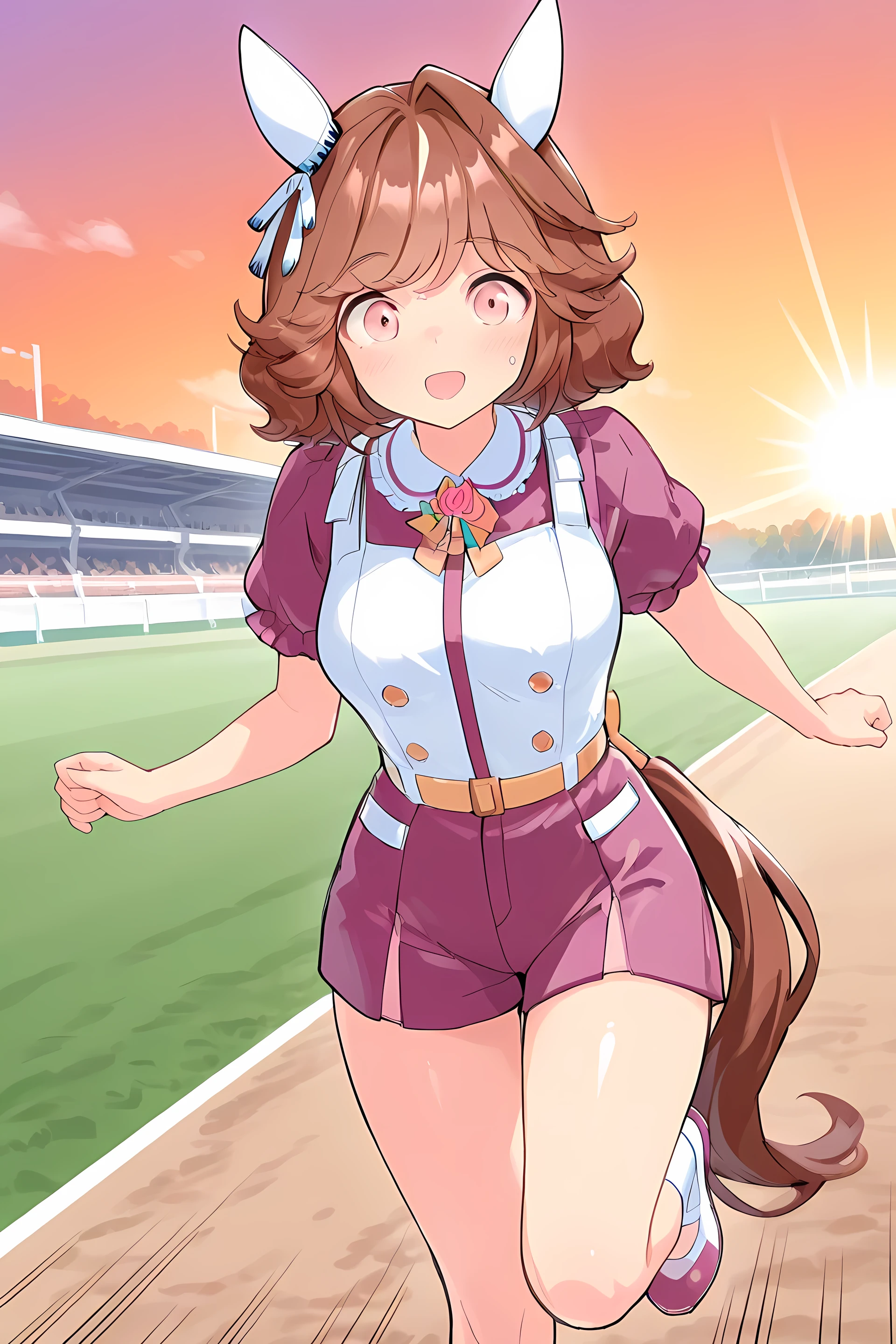 haiseiko \(umamusume\),(((masterpiece))),(((detailed)))((best quality)),((hyper detailed)),(beautiful),((shinythighs)),(((shiny skin))),(high quality skin),((8k)),((high resolution)),dynamic motion,(running on Lawn),horse racing track,(serious and blush),(breath),(very sweat),speed lines, evening and Sunlight,( light rays on eye ),キャラクターを右寄せにする,((太ももから顔のクローズアップ画像)),斜め横からのキャラクターアップ画像, anime girl, solo,
