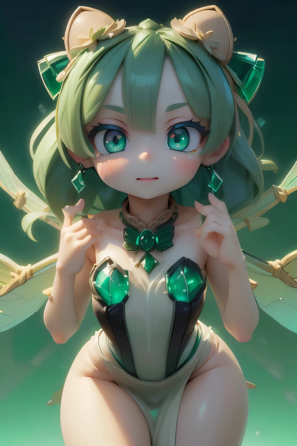 solo,1 Female,cute, cute,small ,Skin color is white,(Succulents Succulents Fairy:1.5),(Mysterious fairy:1.5),(An accurate and perfect hand:2.0),(Anatomically Accurate Hands:2.0),( ballerina pose :1.5),(Emerald Green Jewel-like Eyes:2.5),(Glittering Highlights Reflected Light:2.0),(Background is a Blue Sky and Beautiful Fresh Green Forest:1.5),(Yellow-green shiny semi-long hair:1.2),(is smiling:1.2),(with large transparent Dragonfly and agave wings growing on its back:1.7),(beautiful luxurious dress like metallic green Succulents:1.5),big cute smile,(Dragonfly's Beautiful Wings on Her Back:1.5),[Dragonfly Wings:1.5],(The background is a blue sky, beautiful fresh greenery, and an agave forest:1.5),(8k,very detailedCGユニットのwallpaper, masterpiece,high resolution, real texture skin,surrealistic,increase resolution,RAW photo,best quality,very detailed,wallpaper,Movie Lighting, Raytrace ,face close-up,(Face Light:2.0),(Increase overall color saturation:2.0),(cowboy shot:1.5), Frontal lighting ,
