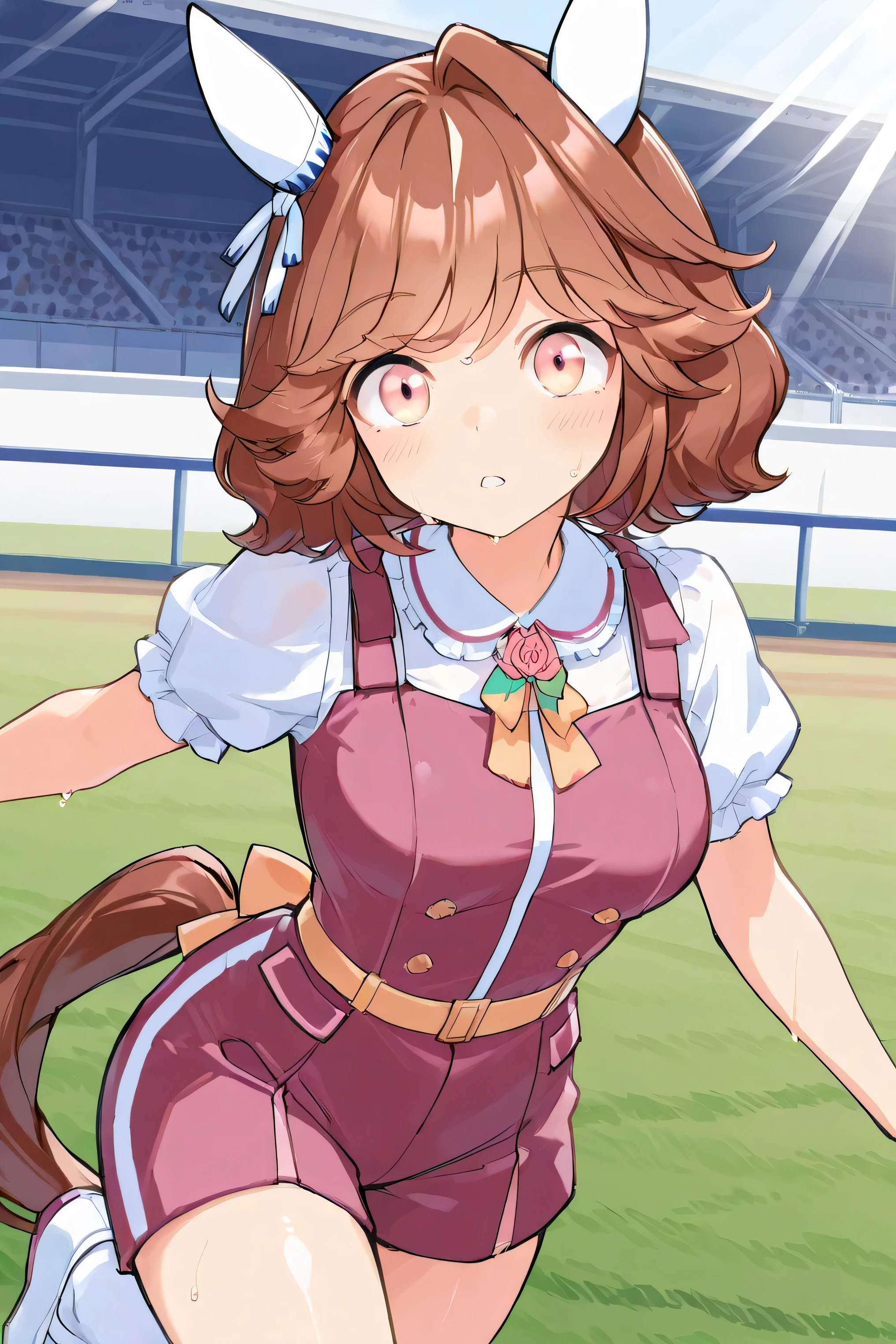 haiseiko \(umamusume\)，（（（masterpiece））），（（（detailed）））（（best quality）），（（hyper detailed）），（beautiful），（（shinythighs）），（（（shiny skin））），（high quality skin），（（8k）），（（high resolution）），（（dynamic motion）），（running on Lawn），horse racing track，（serious and blush），（breath），（very sweat），（speed lines），in the evening and Sunlight，（ light rays on eye ），キャラクターを右寄せにする，（（太ももから顔のクローズアップ画像）），斜め横からのキャラクターアップ画像， anime girl, solo, 