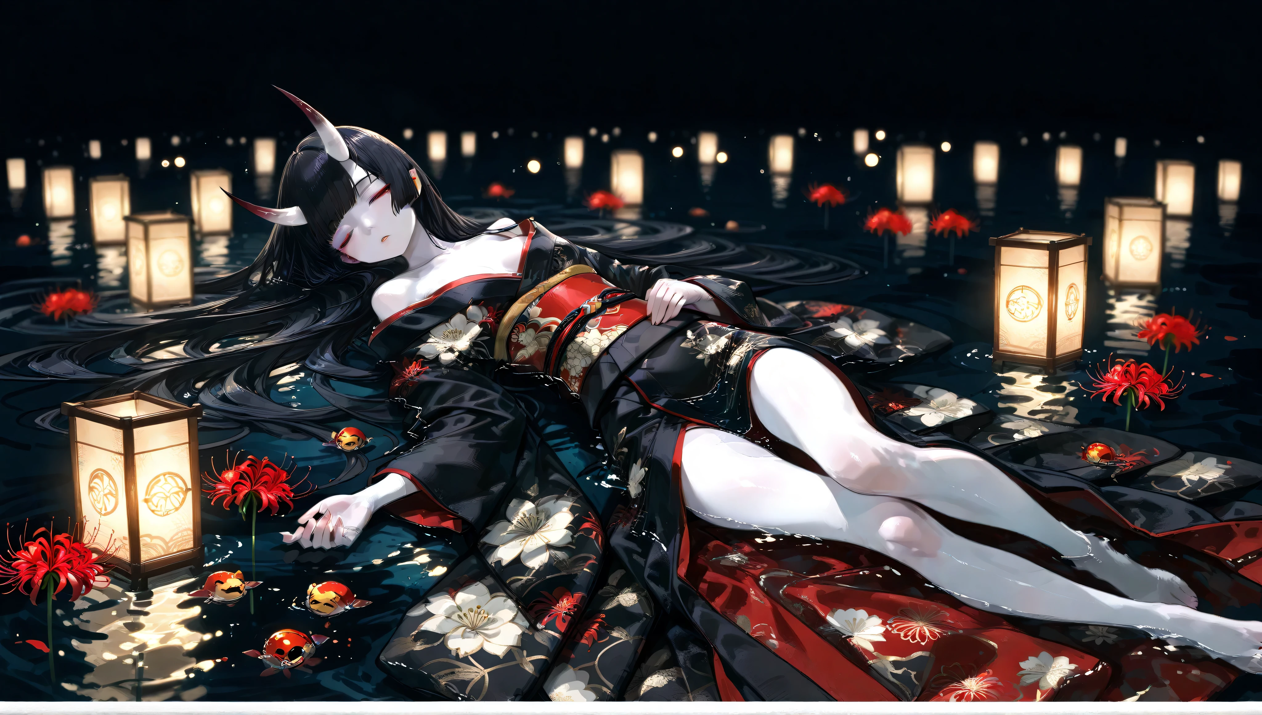 ((1girl)), girl, pale orbs are flying in the moonlight, Skinny girl, Floating lanterns、Wide shot, white skin、black hair、little oni horn、(solo focus)、Far-reaching、blurry background, Wearing a kimono with disheveled shoulders and hem, view from above、lying、real、hime cut, cluster amaryllis, Dark colored water, The dark surface of the water continues, Dark colored Background, Sleeping、Young face、shiny skin、I can see the whole body, floating on water、shiny hair from the side、Black kimono with gorgeous patterns、Red pattern、Red spider lily、small breasts、beautiful colors、full body、solo focus、 no humans 、is sleeping, black background、sleep、I can see the whole body, Little lanterns floating in the water